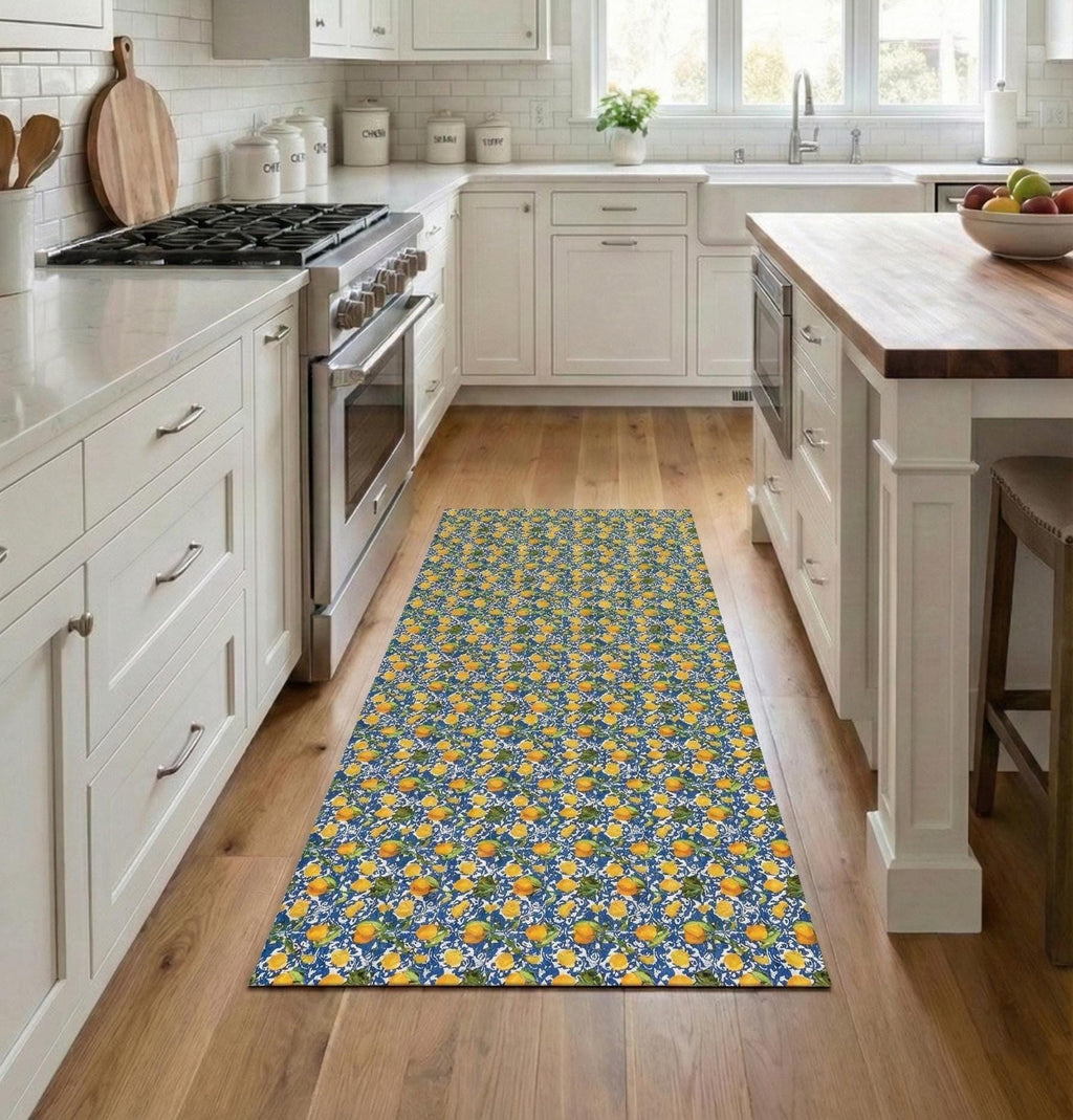 Lemon Kitchen Runner, Wipeable Vinyl Mat, Mediterranean Blue Tile Rug