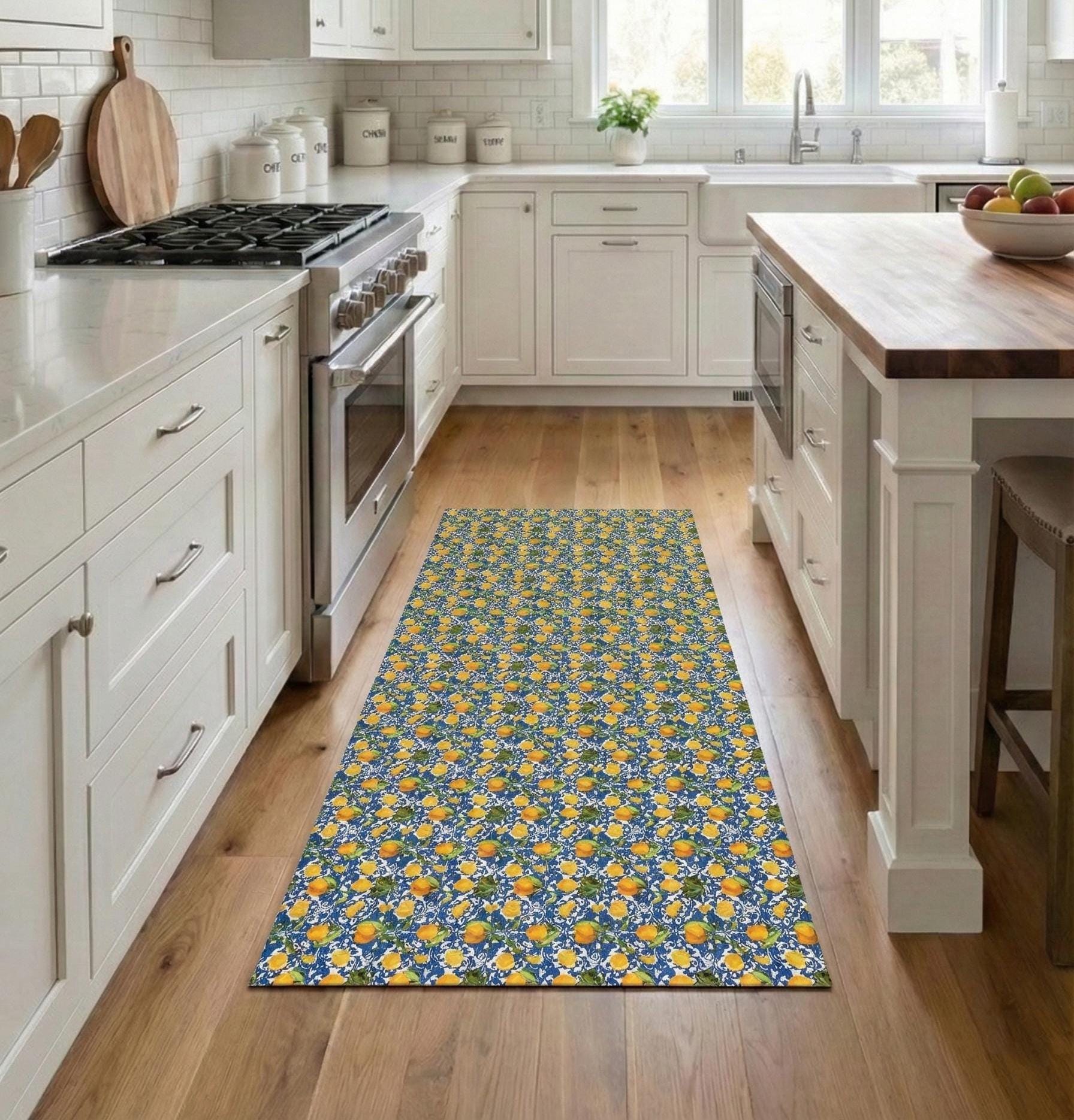 Lemon Kitchen Runner, Wipeable Vinyl Mat, Mediterranean Blue Tile Rug