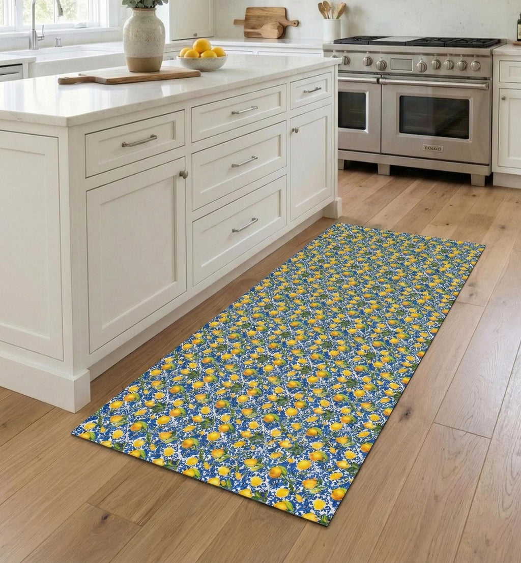 Lemon Kitchen Runner, Wipeable Vinyl Mat, Mediterranean Blue Tile Rug, Non Slip Floor Mat