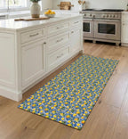 Lemon Kitchen Runner, Wipeable Vinyl Mat, Mediterranean Blue Tile Rug, Non Slip Floor Mat