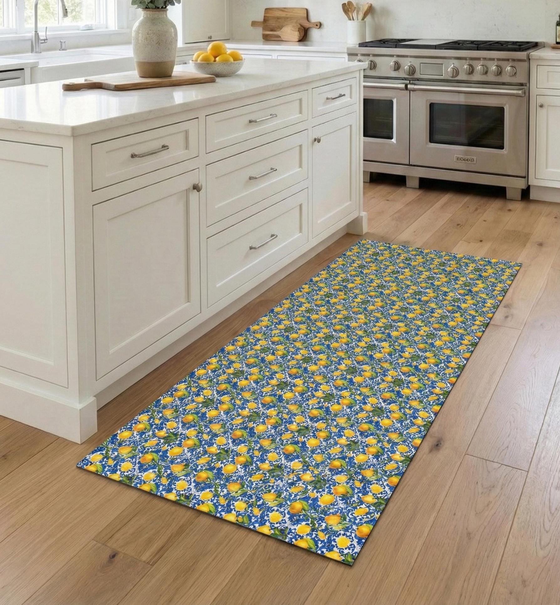 Lemon Kitchen Runner, Wipeable Vinyl Mat, Mediterranean Blue Tile Rug, Non Slip Floor Mat