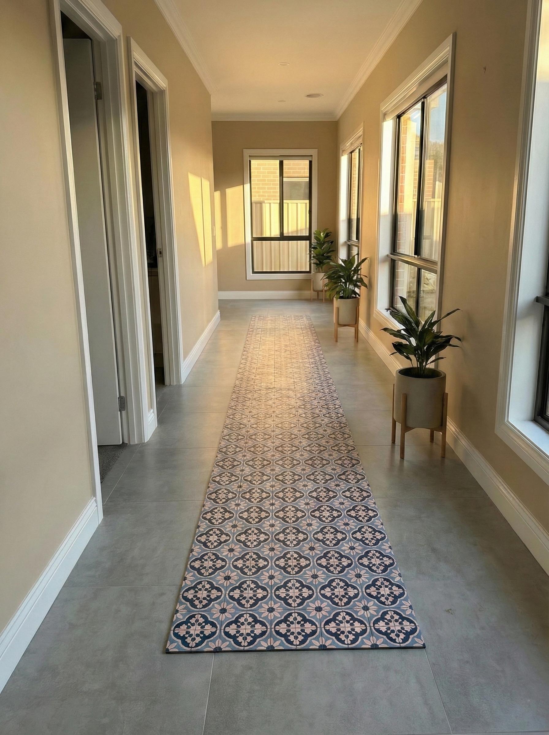 Blue Tile Pattern Kitchen Mat Non Slip Wipeable Runner Geometric Hallway Rug