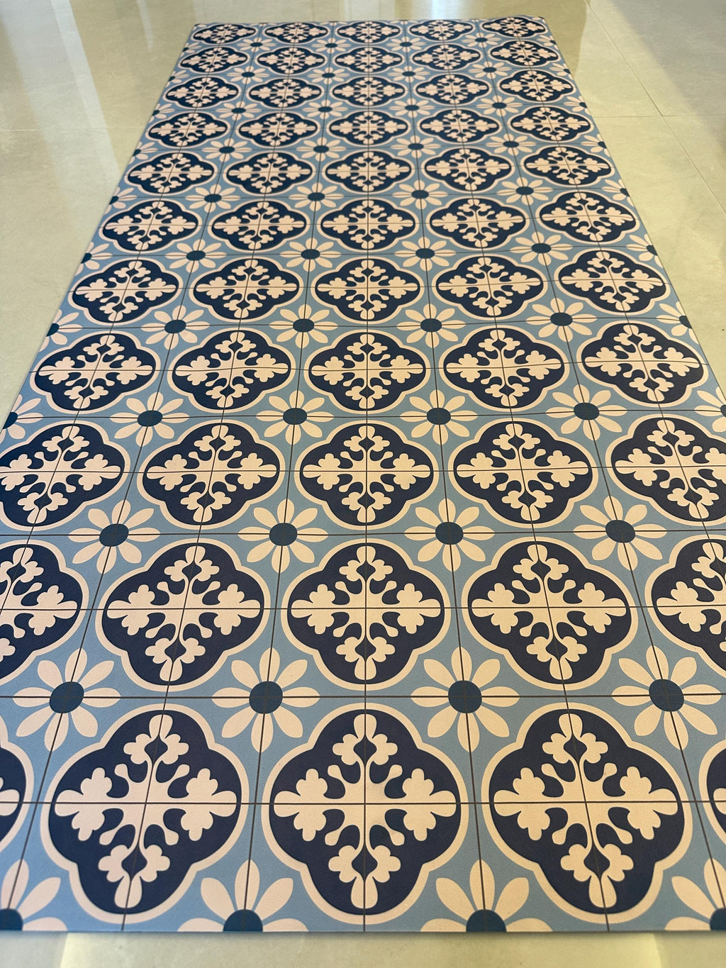 Blue Tile Pattern Kitchen Mat Non Slip Wipeable Runner Geometric Hallway Rug
