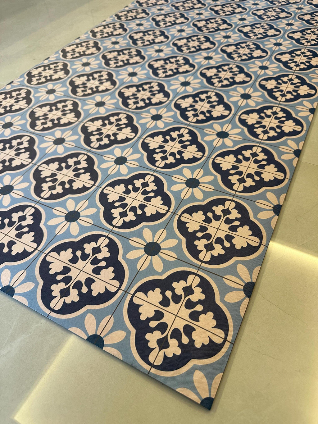 Blue Tile Pattern Kitchen Mat Non Slip Wipeable Runner Geometric Hallway Rug