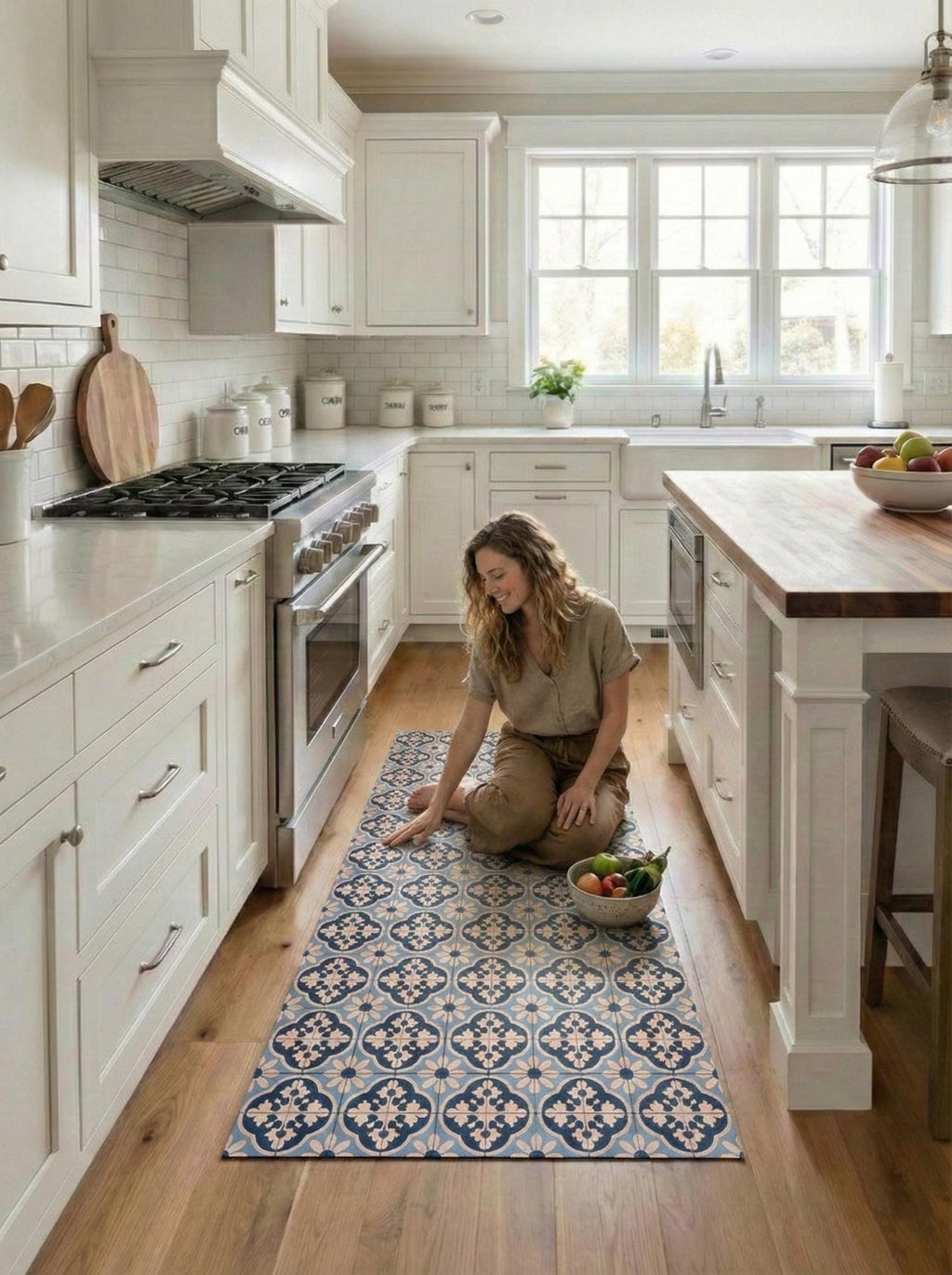 Blue Tile Pattern Kitchen Mat Non Slip Wipeable Runner Geometric Hallway Rug