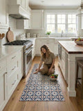 Blue Tile Pattern Kitchen Mat Non Slip Wipeable Runner Geometric Hallway Rug