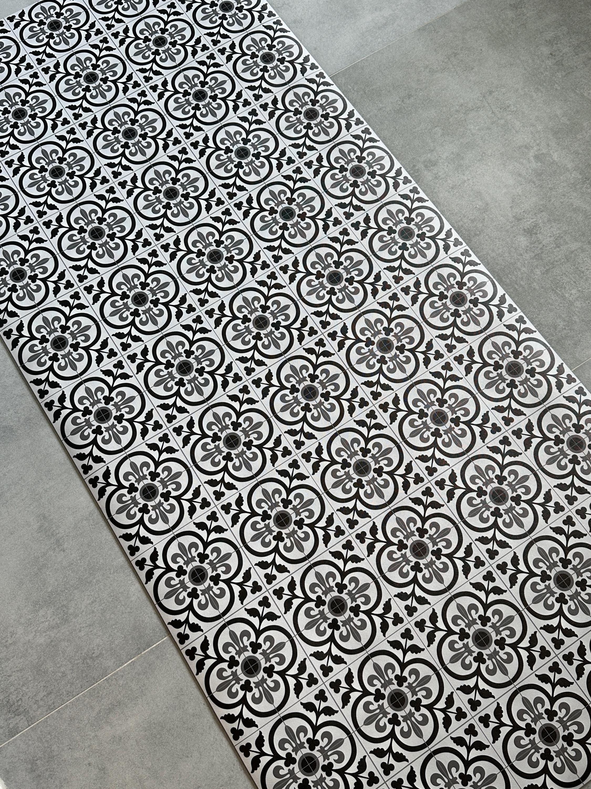 Kitchen Runner, Wipeable Floor Mat, Black Gray Tile Rug