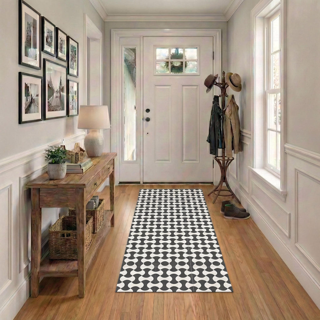 Wipeable non-slip kitchen runner with geometric cushioned design
