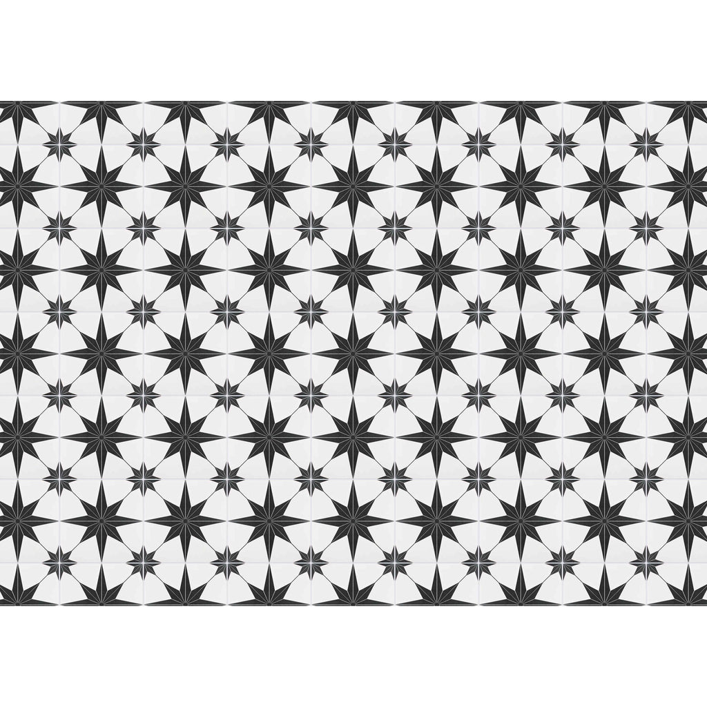 Wipeable non-slip kitchen runner with black & white star tile design