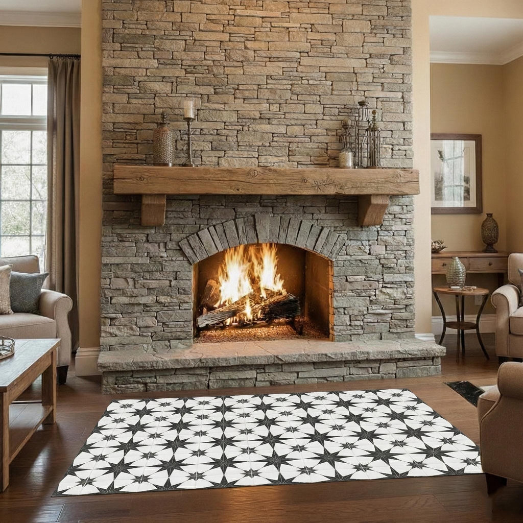Black & White Star Tile floor runner for kitchen, hallway, and entryway