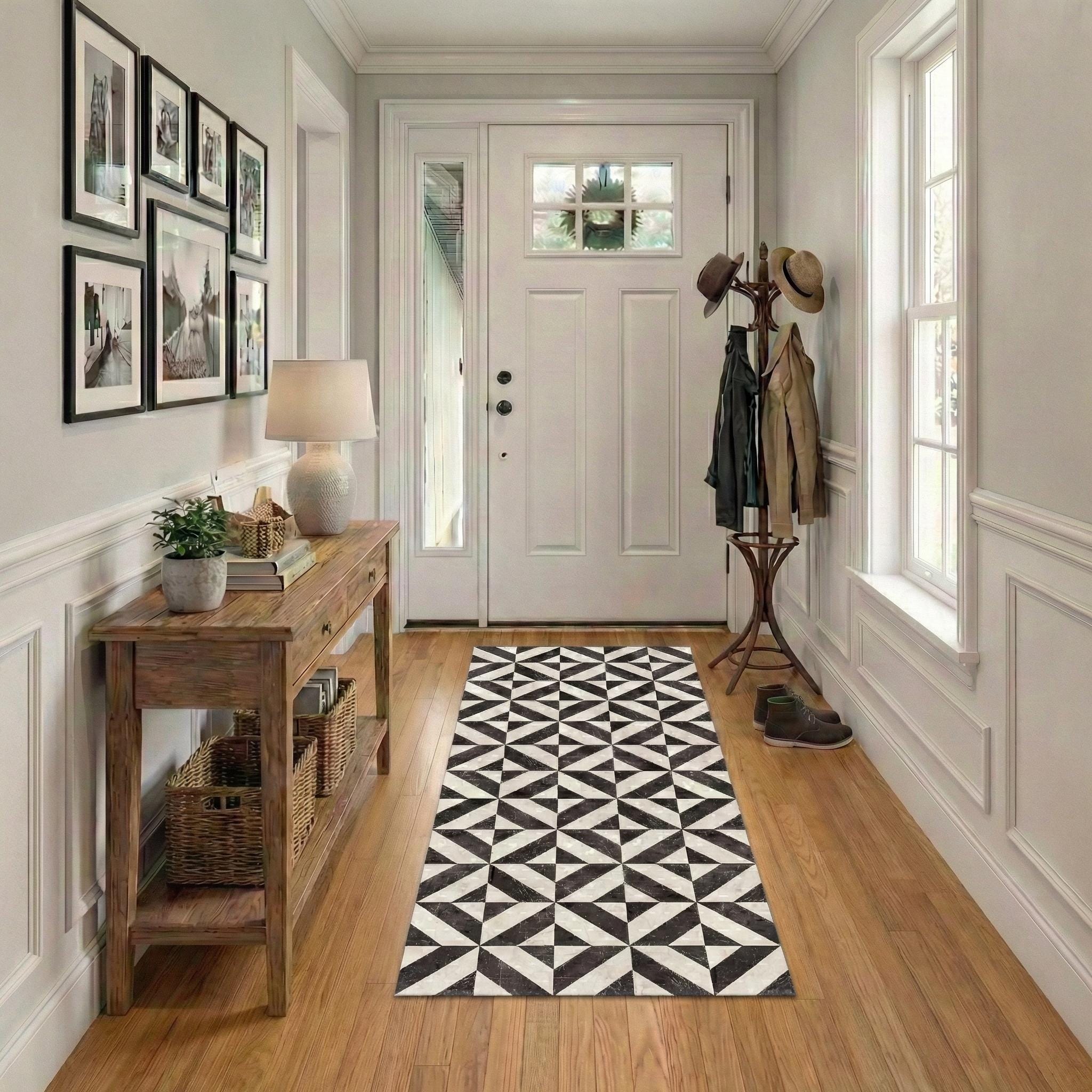 Wipeable non-slip kitchen runner with modern mosaic design