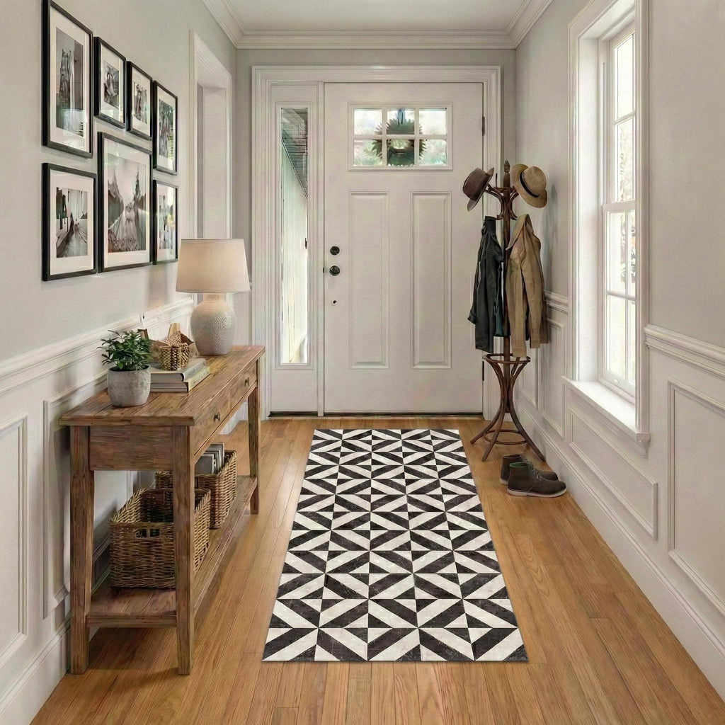 Wipeable non-slip kitchen runner with modern mosaic design
