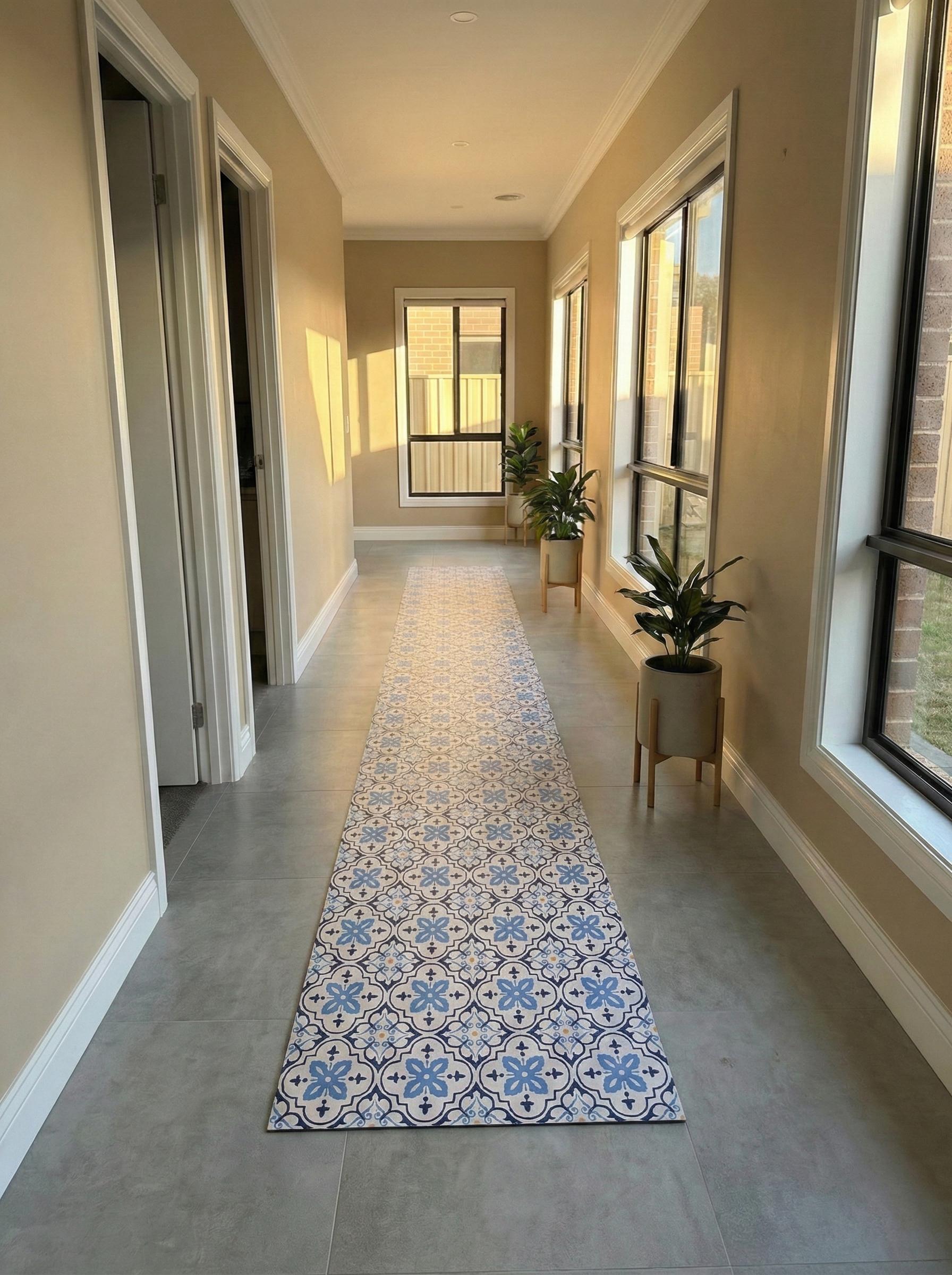 Blue Tile Kitchen Floor Mat, Mediterranean Runner Rug, Non Slip Hallway Carpet, Laundry Room