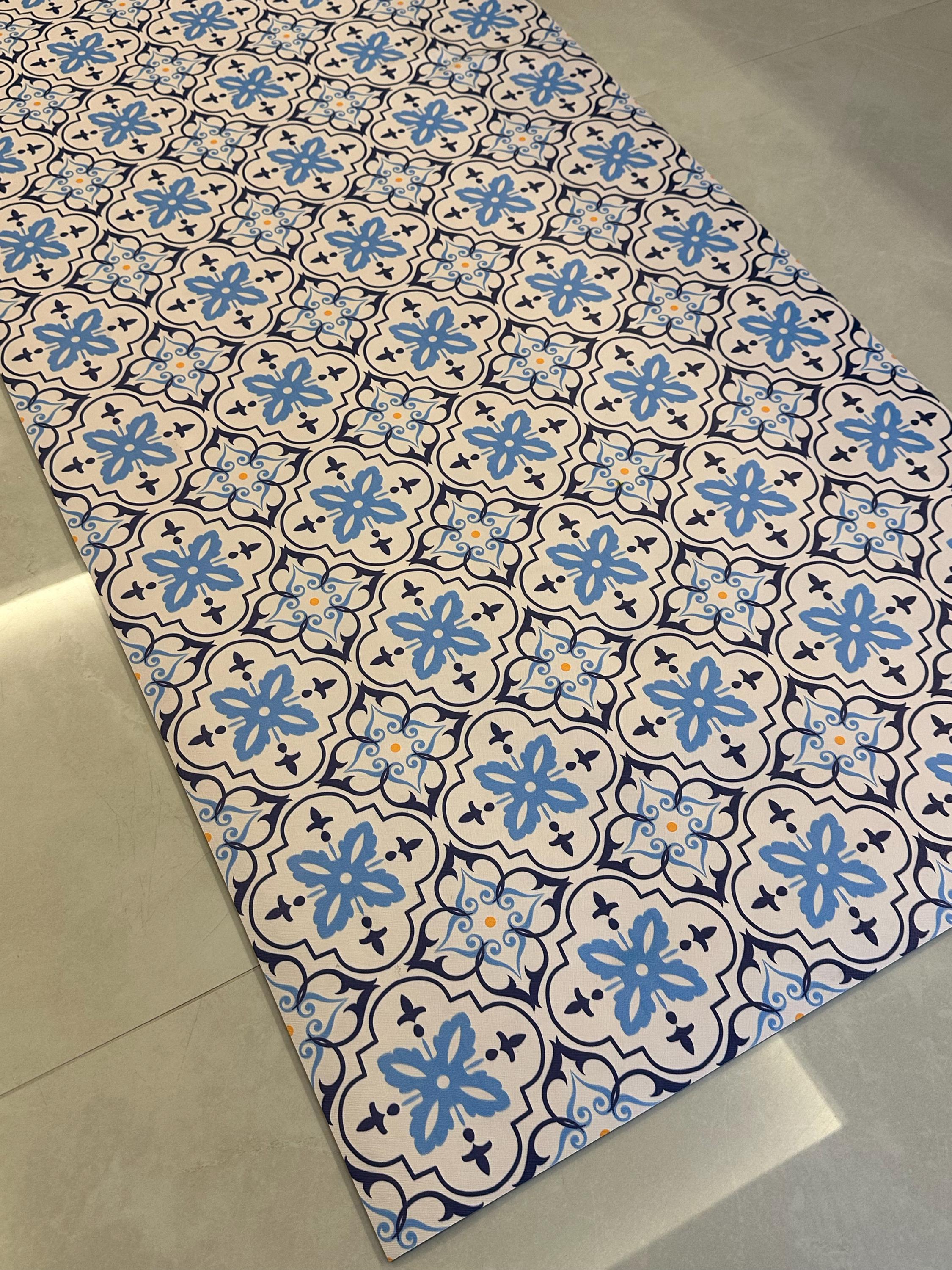 Blue Tile Kitchen Floor Mat, Mediterranean Runner Rug, Non Slip Hallway Carpet, Laundry Room