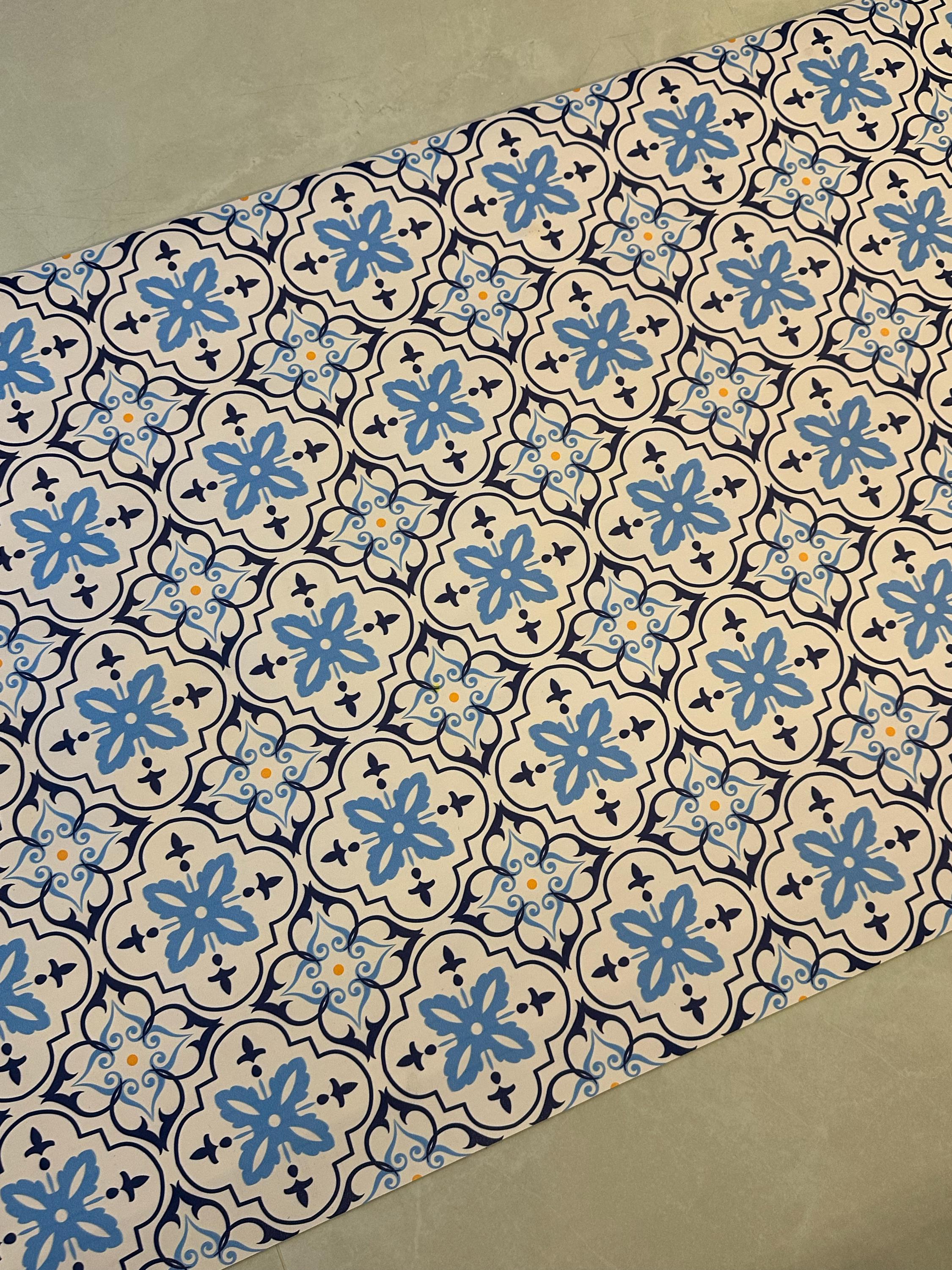Blue Tile Kitchen Floor Mat, Mediterranean Runner Rug, Non Slip Hallway Carpet, Laundry Room