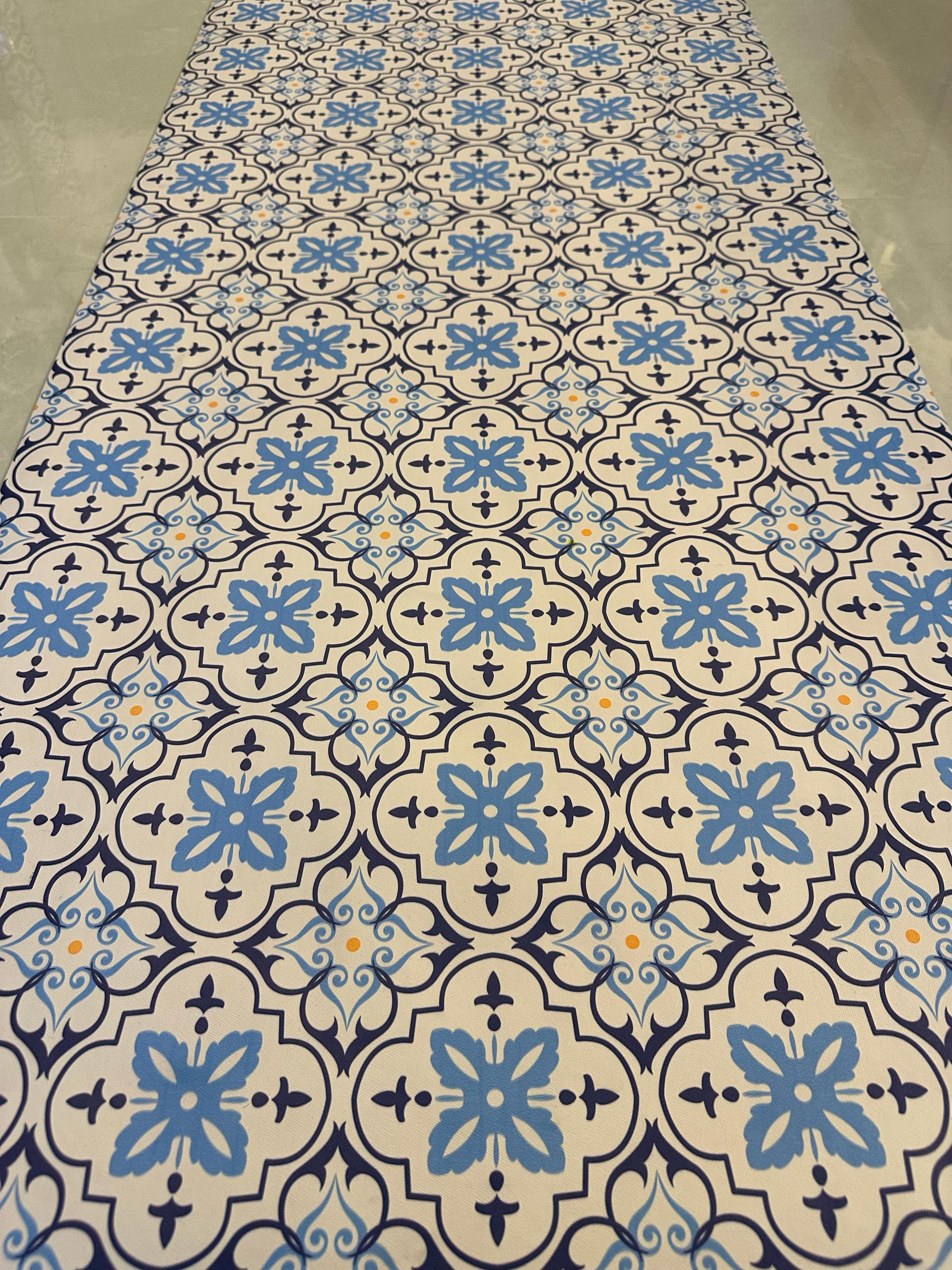 Blue Tile Kitchen Floor Mat, Mediterranean Runner Rug, Non Slip Hallway Carpet, Laundry Room