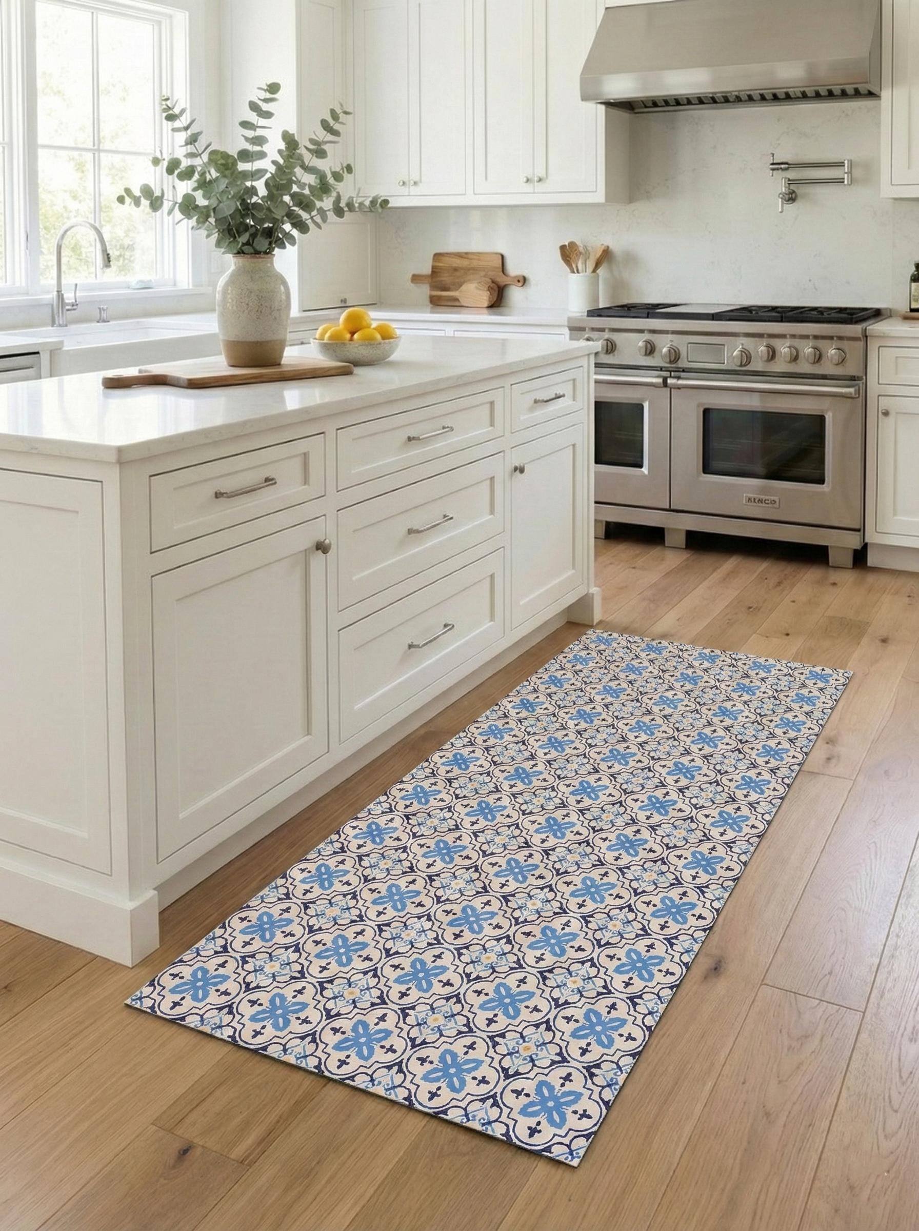 Blue Tile Kitchen Floor Mat, Mediterranean Runner Rug, Non Slip Hallway Carpet, Laundry Room