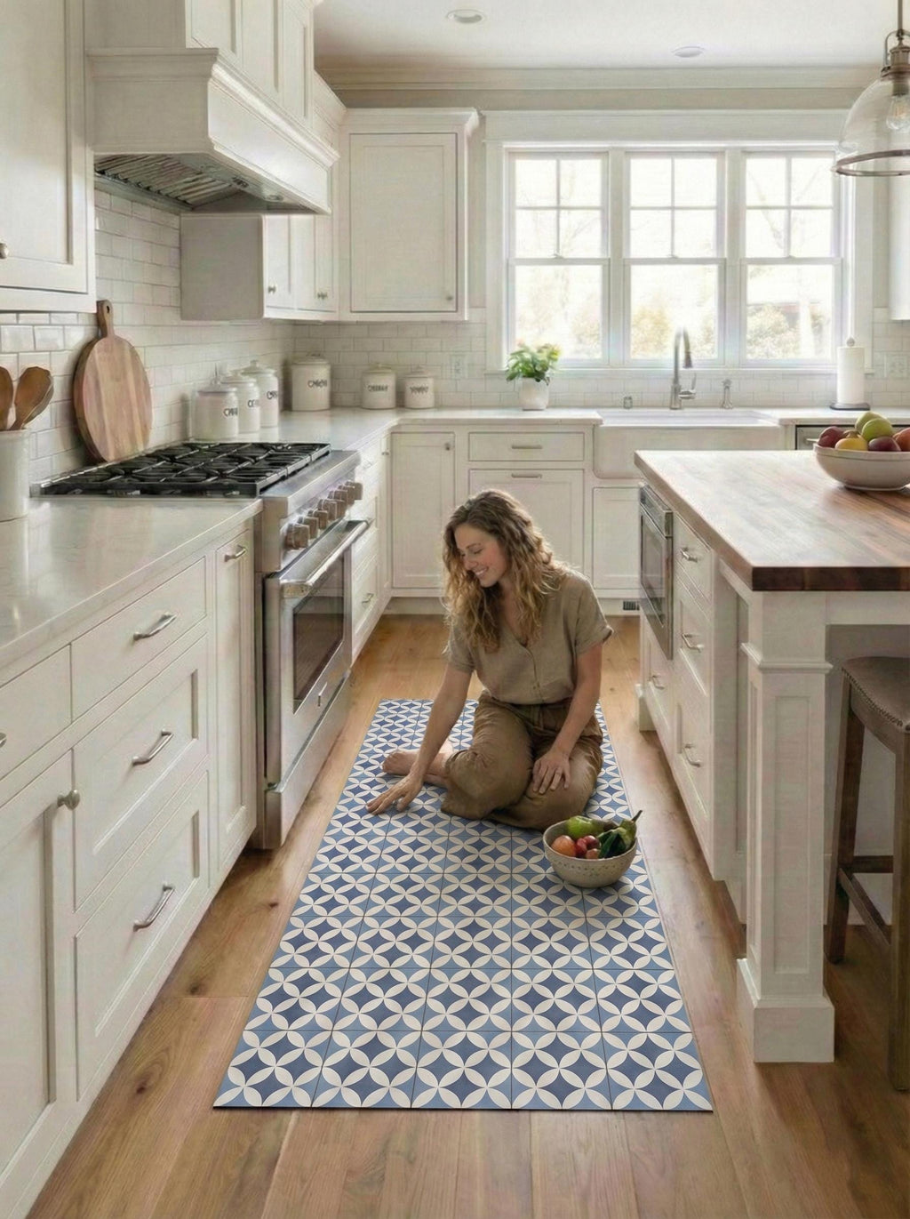 Mat Blue Spanish Tile Vinyl Runner - Cushioned Mediterranean Floor Rug - Standing Mat
