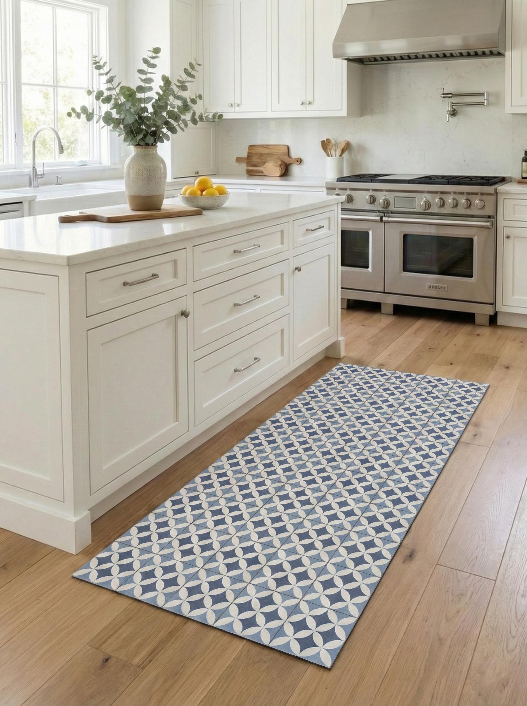 Mat Blue Spanish Tile Vinyl Runner - Cushioned Mediterranean Floor Rug - Standing Mat