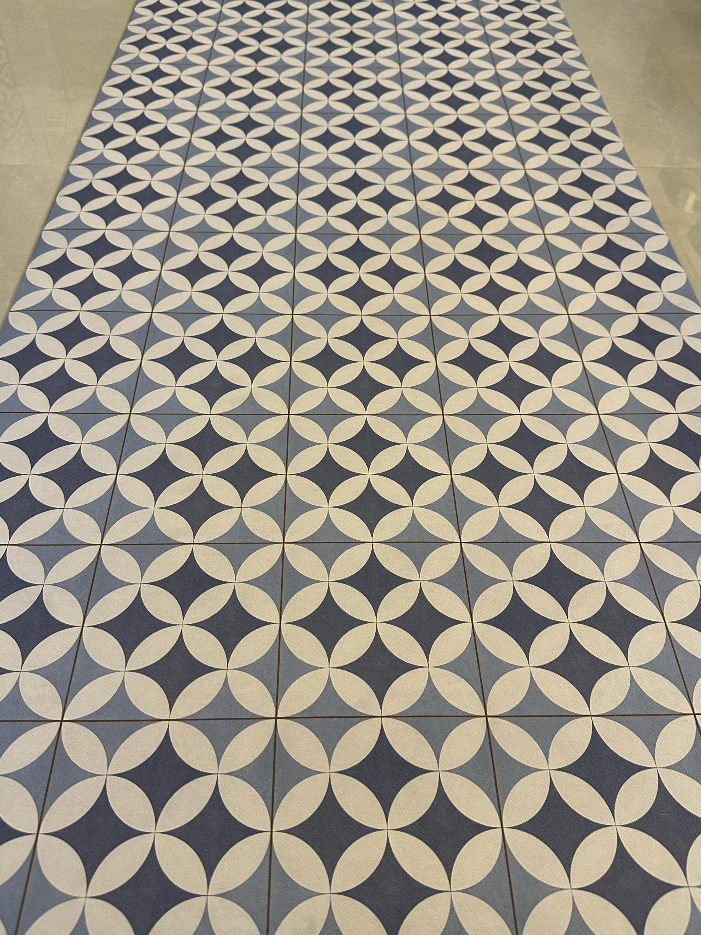 Mat Blue Spanish Tile Vinyl Runner - Cushioned Mediterranean Floor Rug - Standing Mat