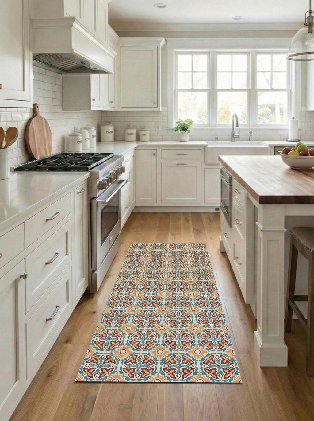 Mediterranean Tile Runner Vinly, Orange and Blue Hallway Runner, Boho Kitchen Mat, Entryway Rug