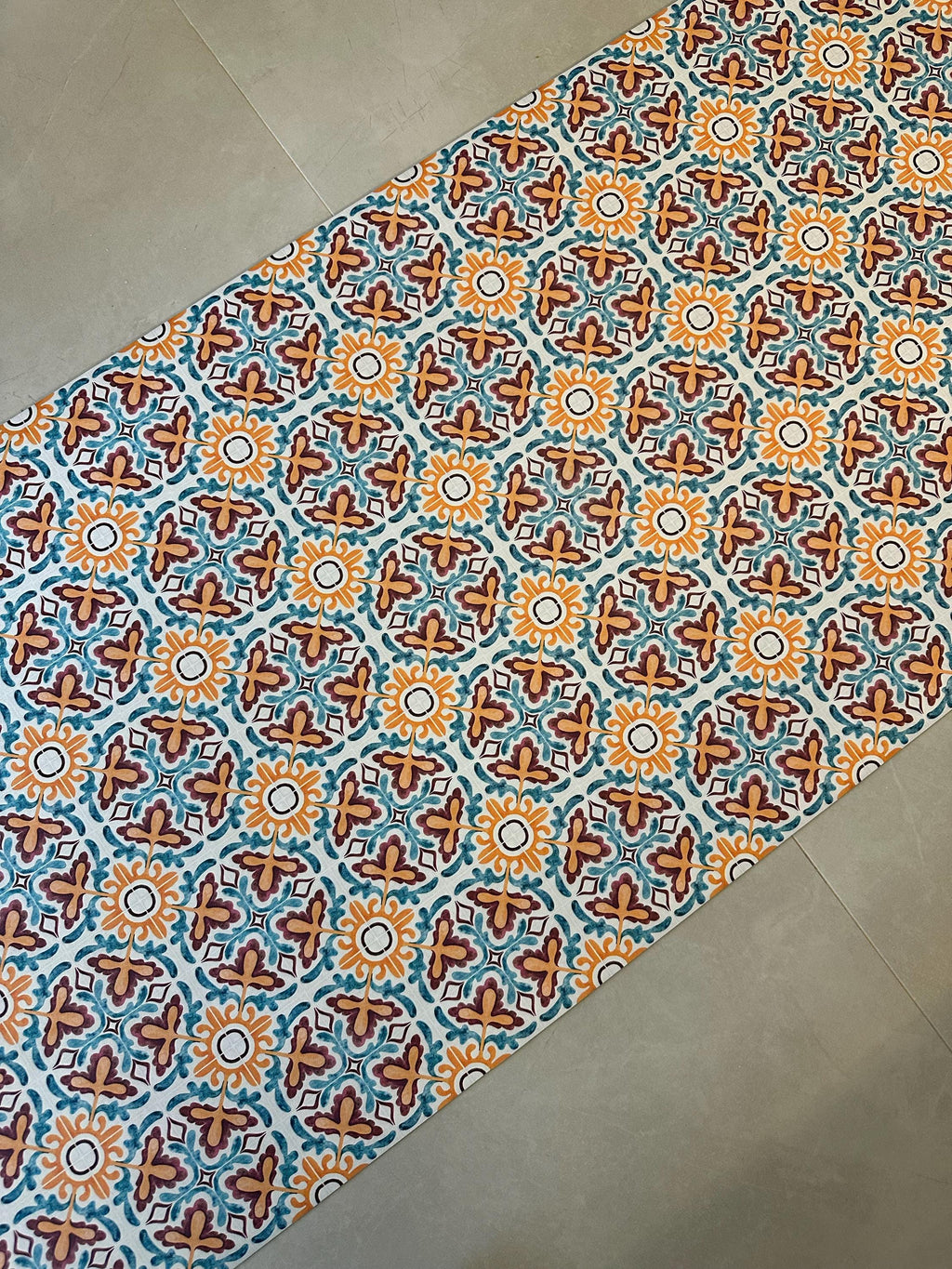 Mediterranean Tile Runner Vinly, Orange and Blue Hallway Runner, Boho Kitchen Mat, Entryway Rug