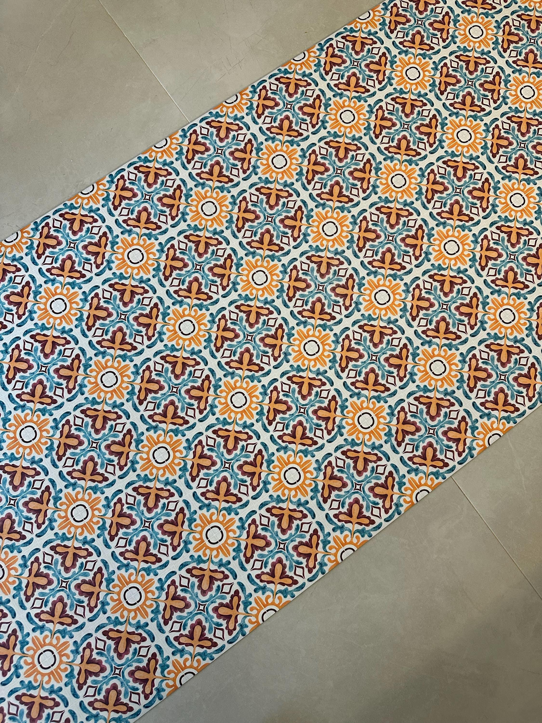 Mediterranean Tile Runner Vinly, Orange and Blue Hallway Runner, Boho Kitchen Mat, Entryway Rug
