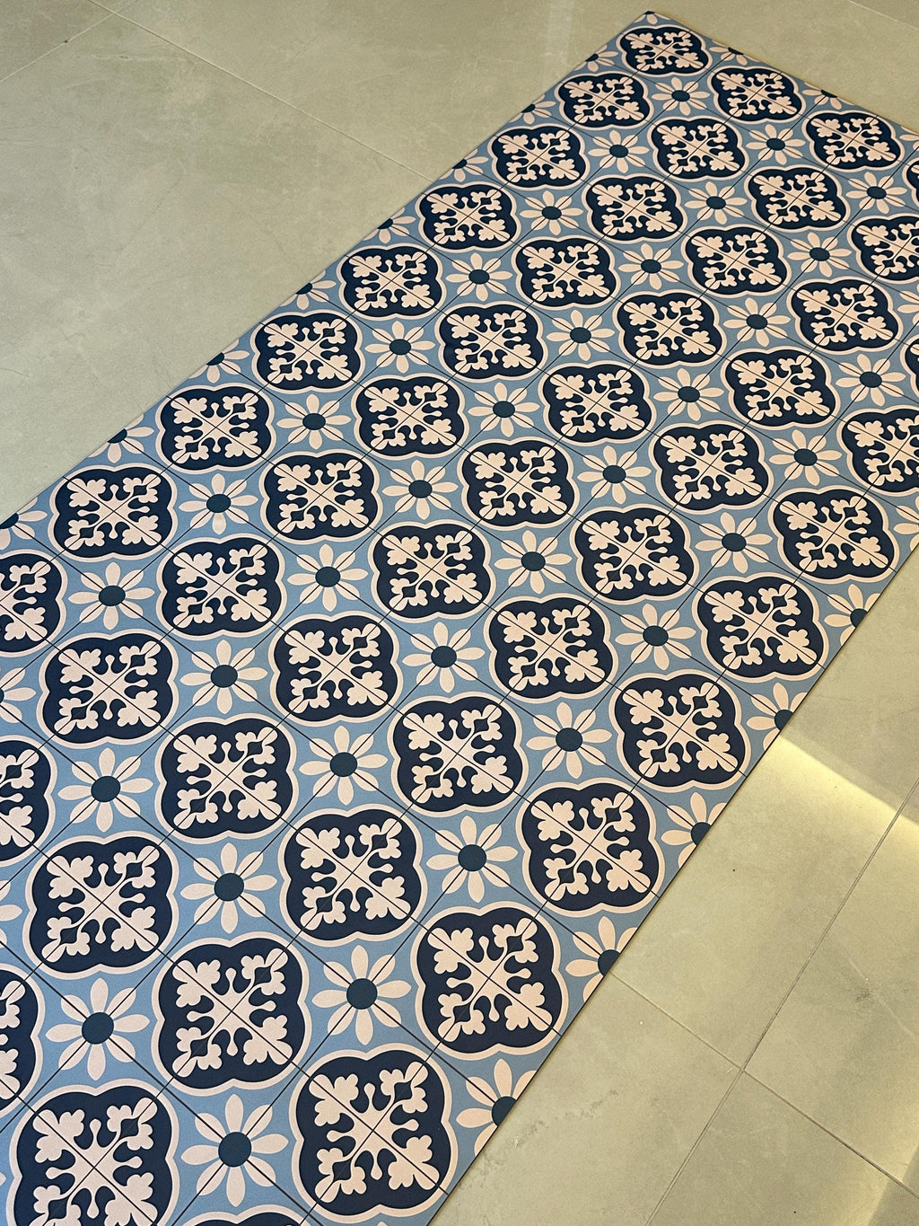 May include: A rectangular patterned mat with a repeating design of navy blue and light pink floral and geometric shapes on a light blue background. The mat is likely for indoor use.