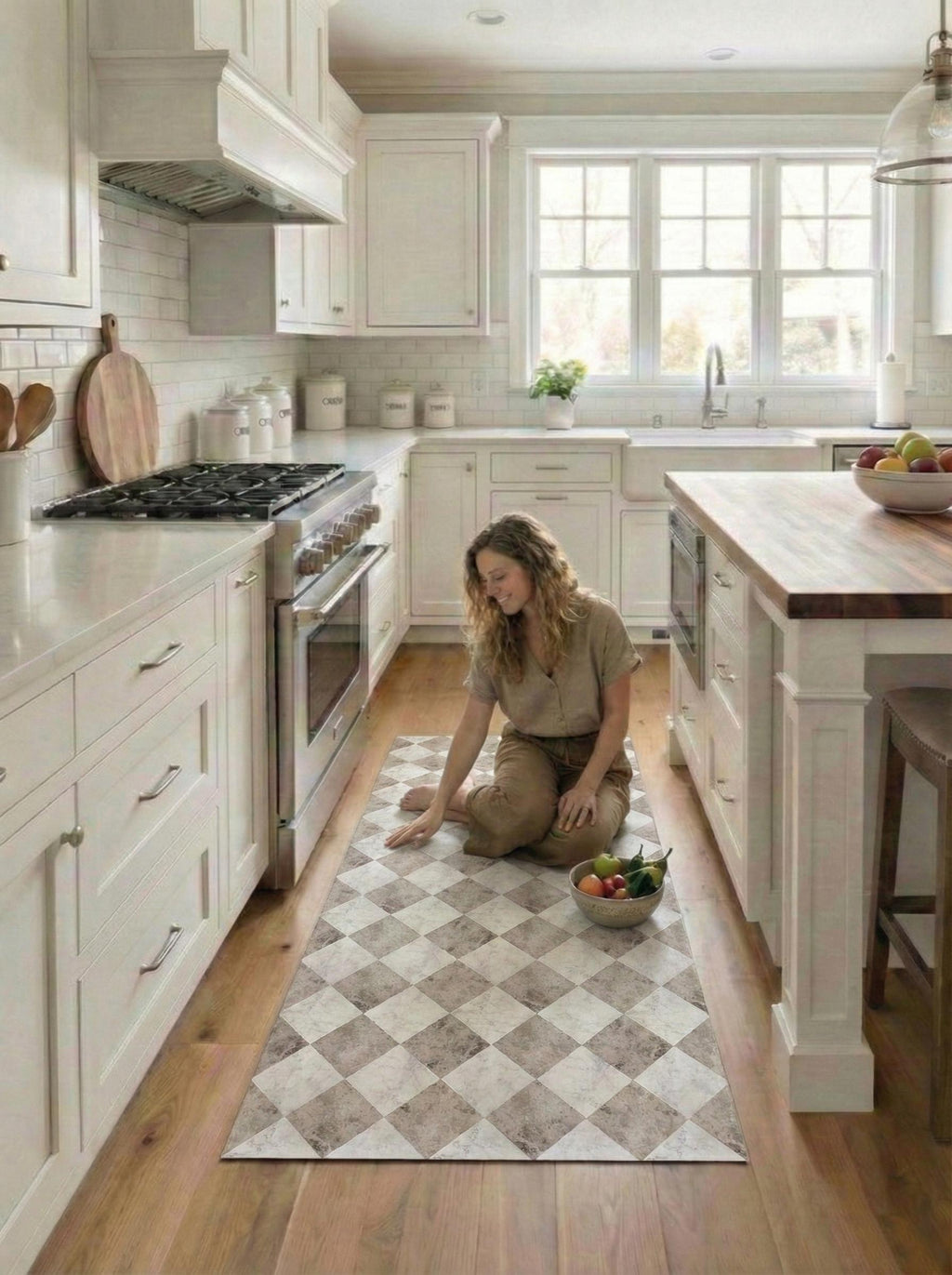 Cream Checkered Floor Mat, Easy Clean Marble Kitchen Vinly Runner