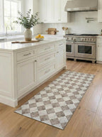 Cream Checkered Floor Mat, Easy Clean Marble Kitchen Vinly Runner