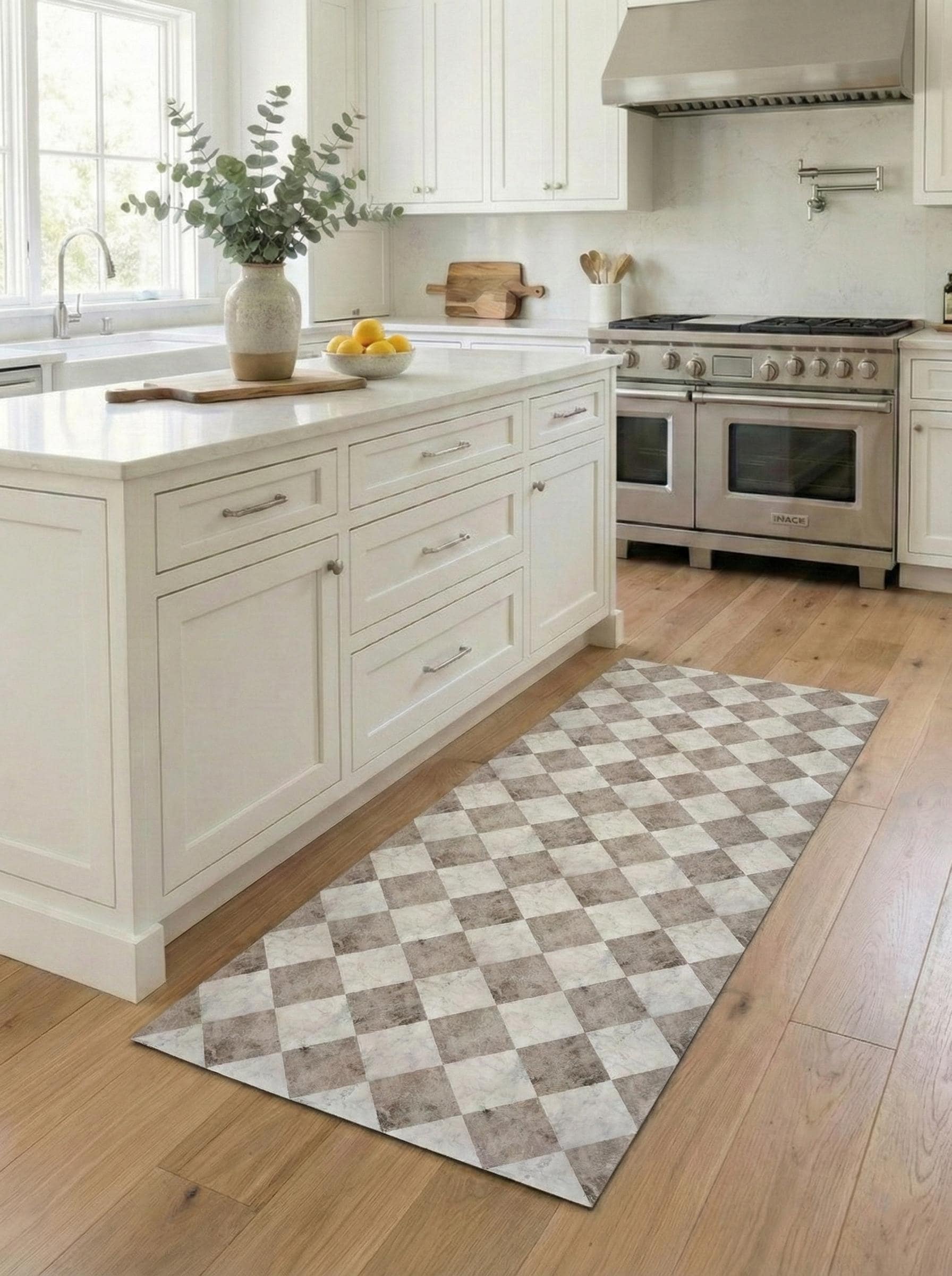 Cream Checkered Floor Mat, Easy Clean Marble Kitchen Vinly Runner