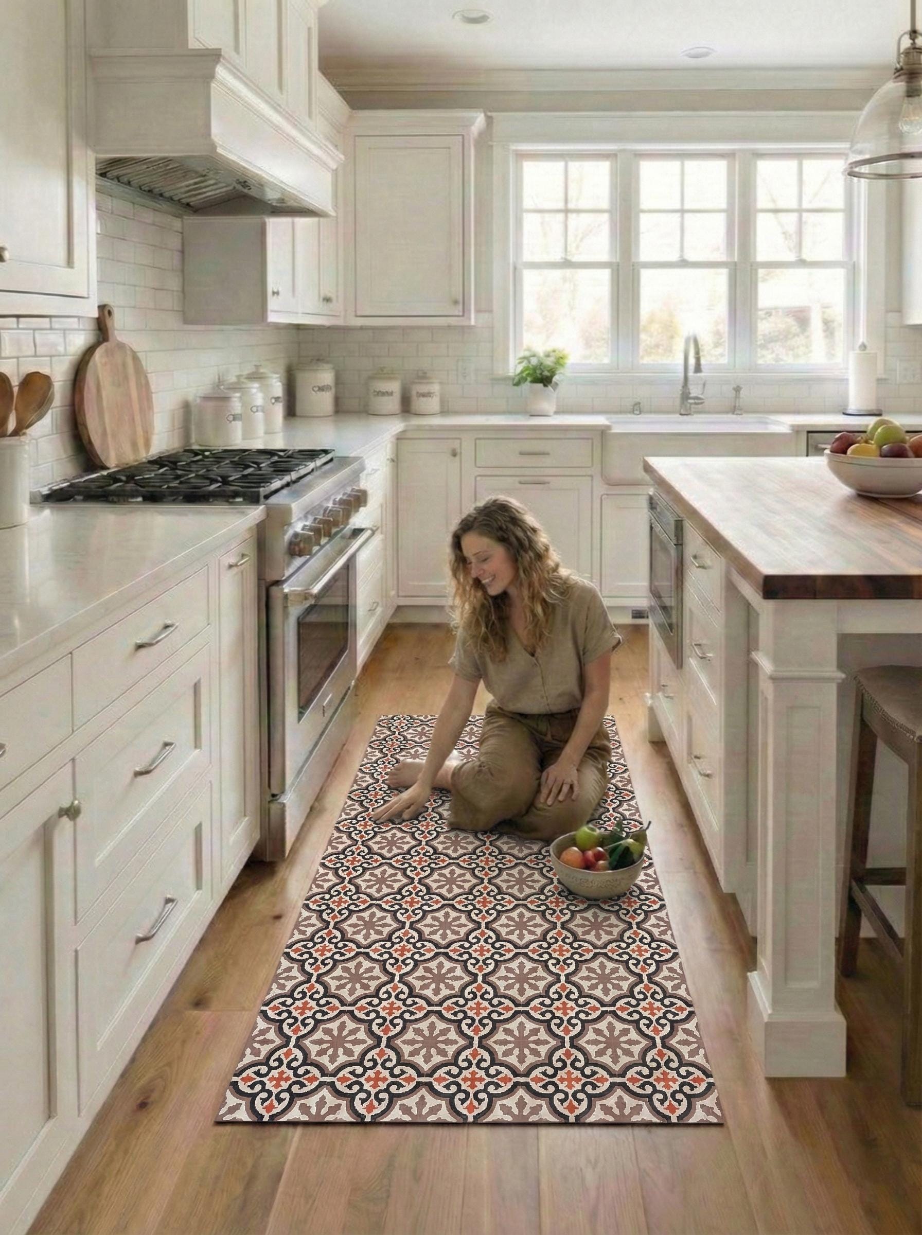 Kitchen Mat, Vintage Tile Runner, Boho Geometric Floor Rug