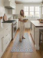 Blue Tile Kitchen Floor Mat, Mediterranean Runner Rug, Non Slip Hallway Carpet, Laundry Room