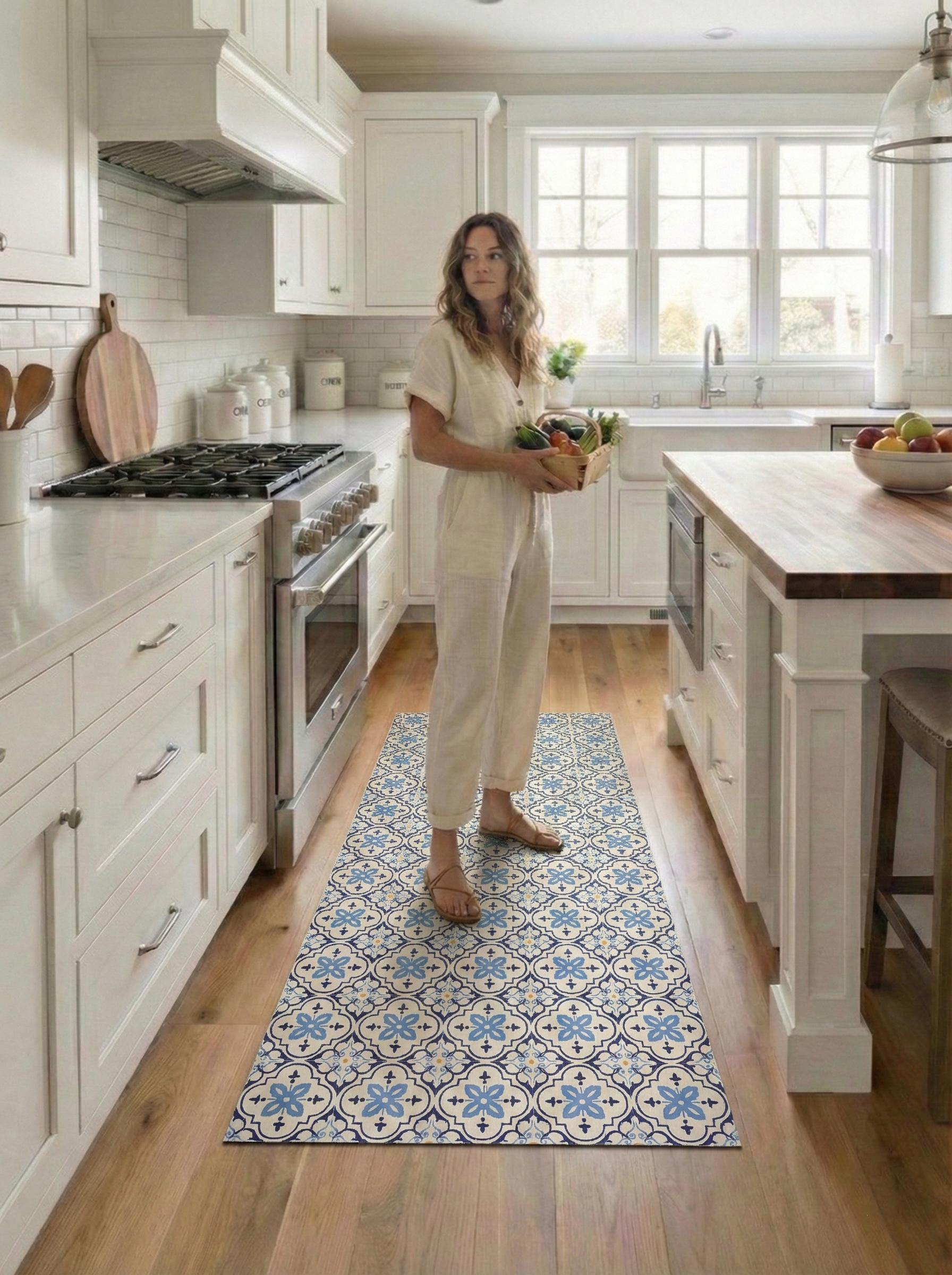 Blue Tile Kitchen Floor Mat, Mediterranean Runner Rug, Non Slip Hallway Carpet, Laundry Room