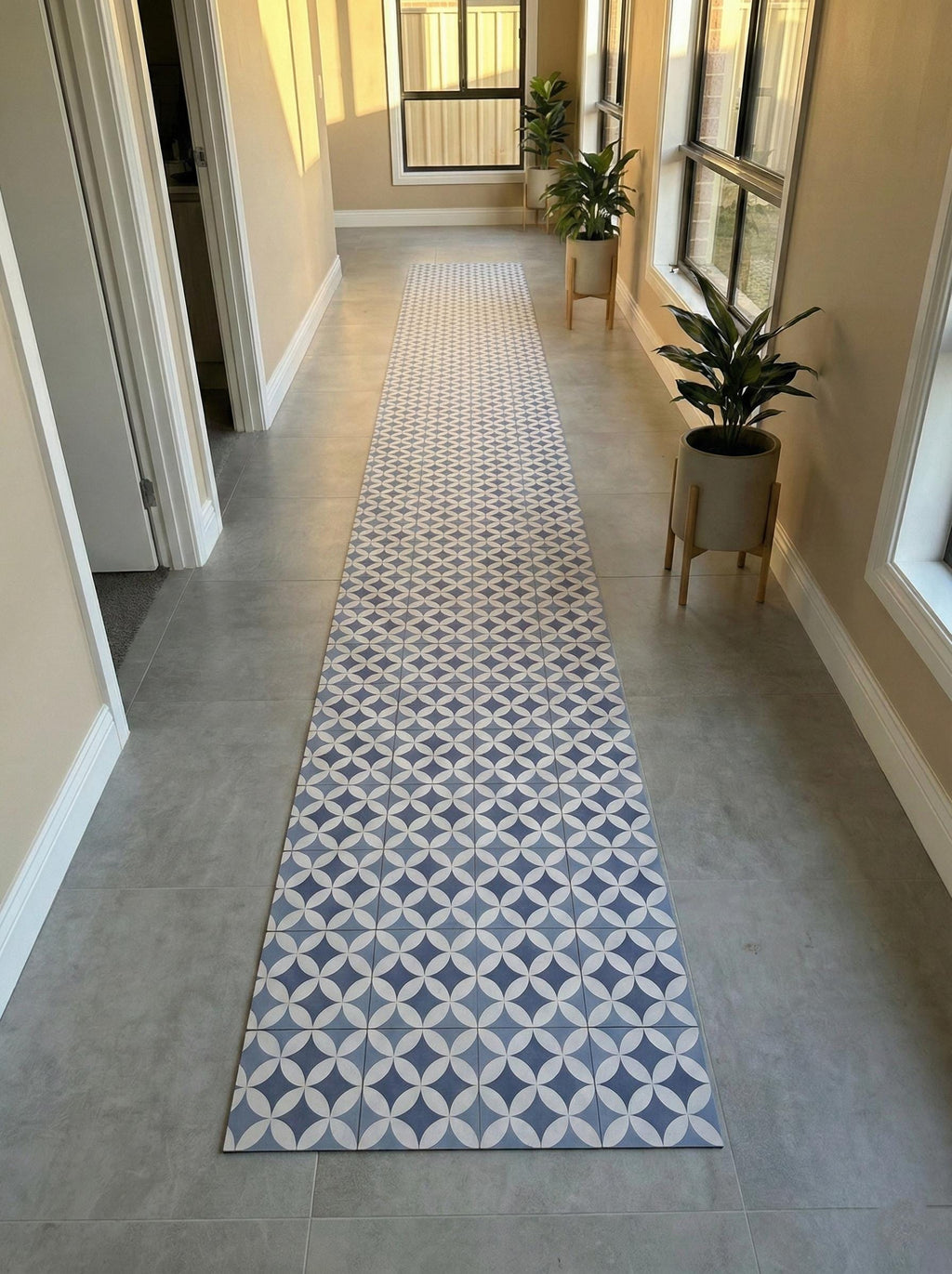 Mat Blue Spanish Tile Vinyl Runner - Cushioned Mediterranean Floor Rug - Standing Mat