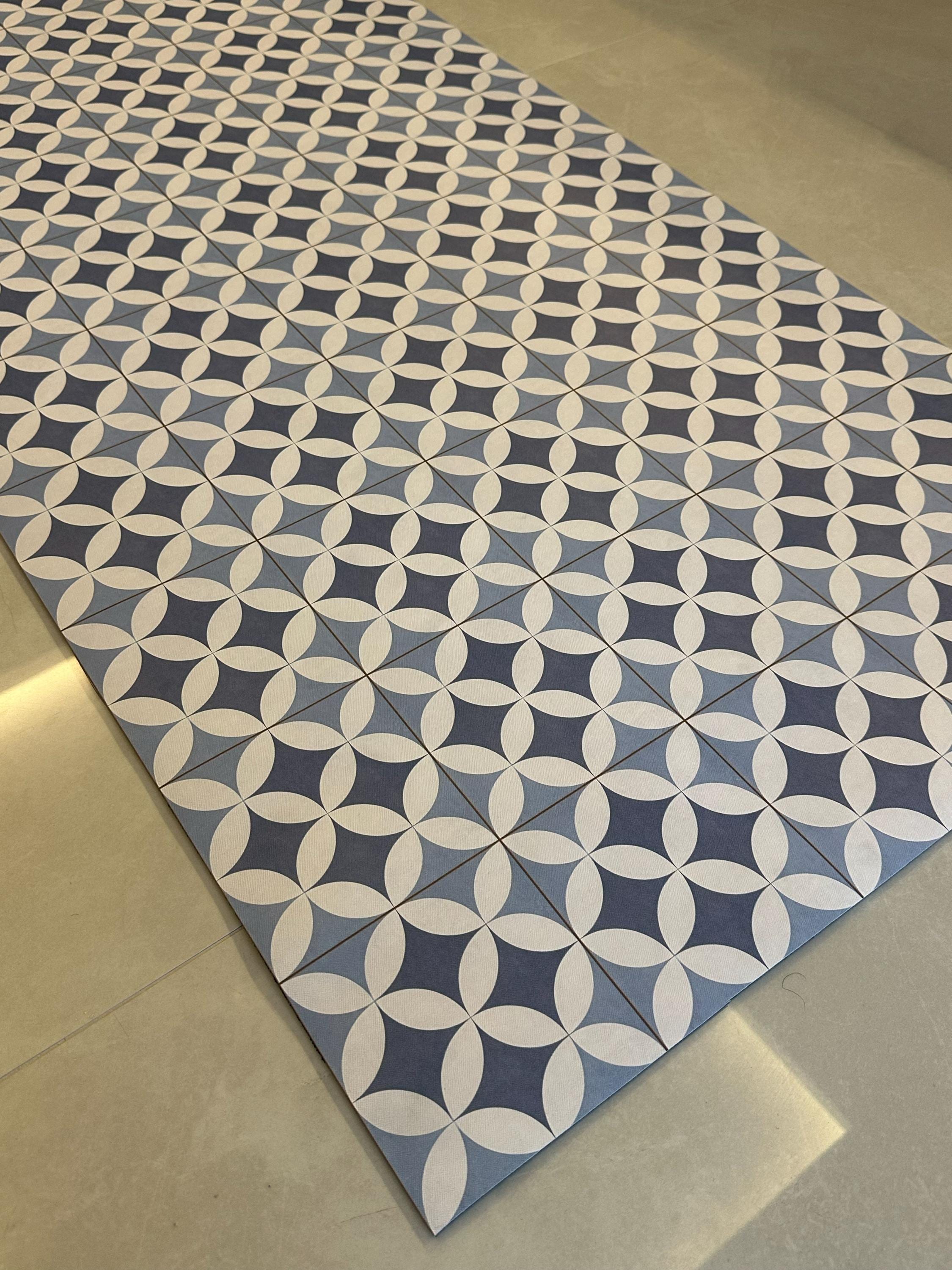 Mat Blue Spanish Tile Vinyl Runner - Cushioned Mediterranean Floor Rug - Standing Mat