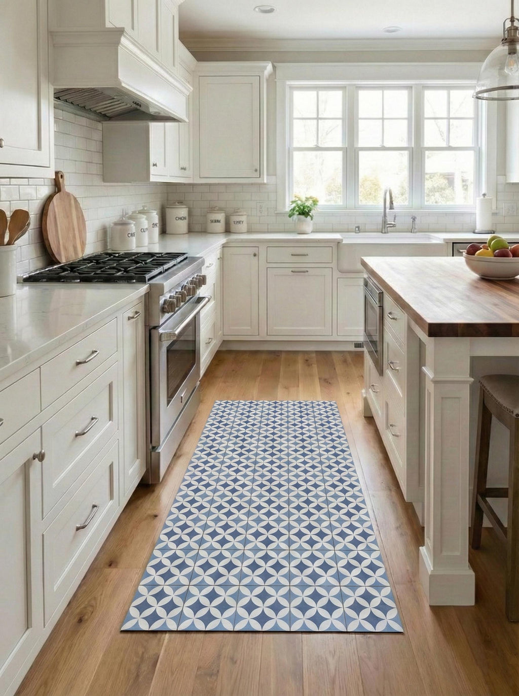 Mat Blue Spanish Tile Vinyl Runner - Cushioned Mediterranean Floor Rug - Standing Mat