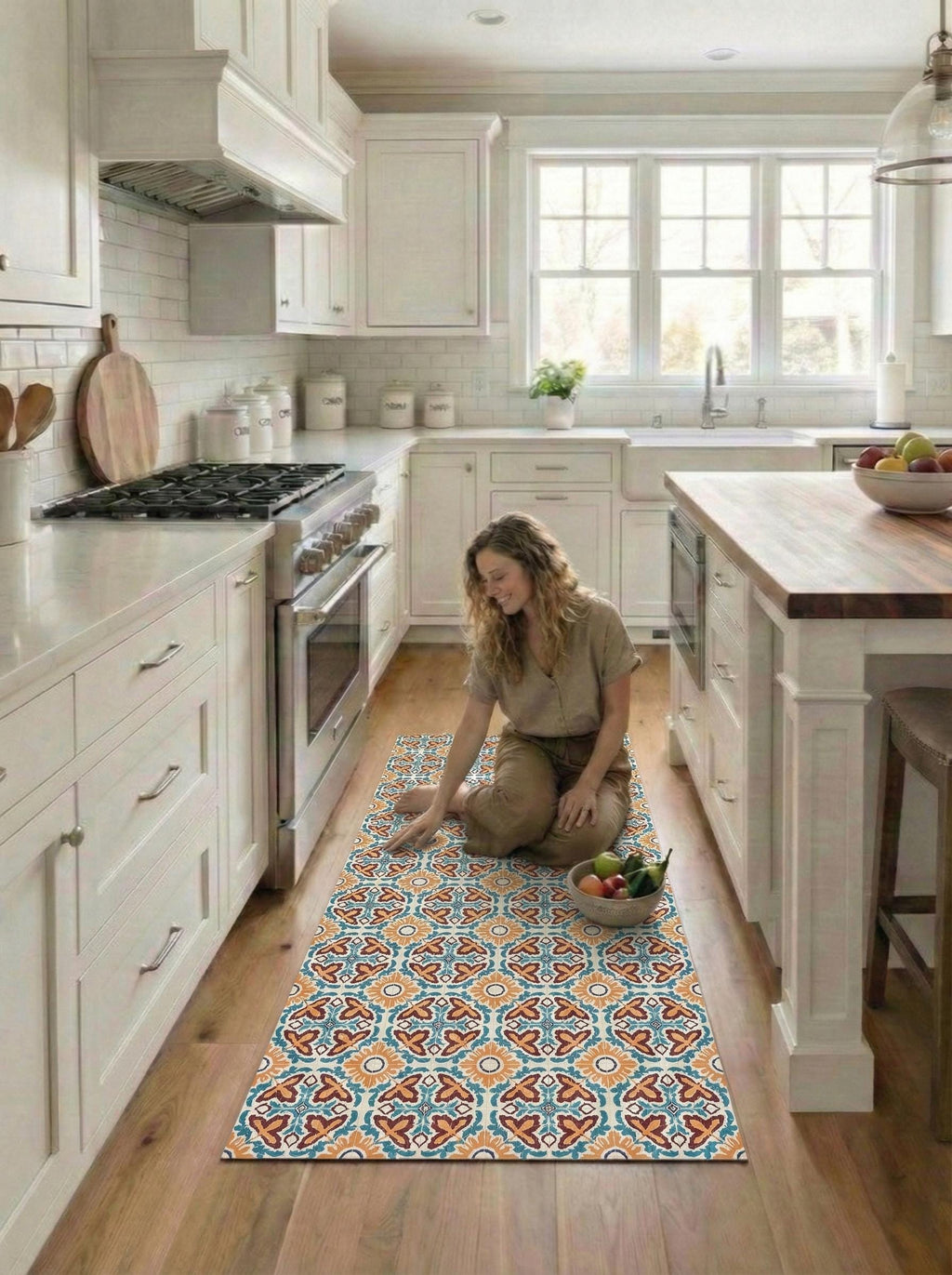 Mediterranean Tile Runner Vinly, Orange and Blue Hallway Runner, Boho Kitchen Mat, Entryway Rug