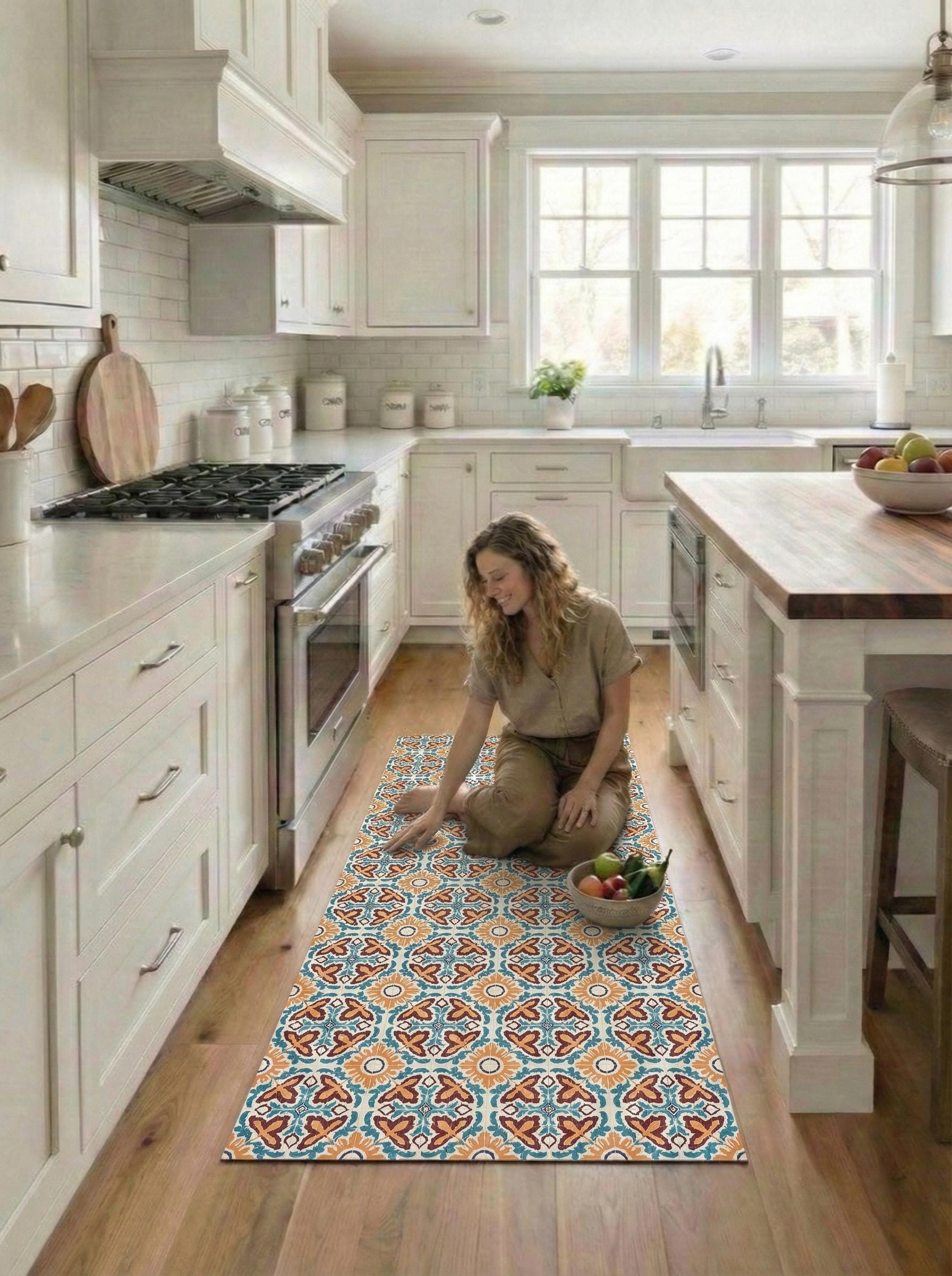 Mediterranean Tile Runner Vinly, Orange and Blue Hallway Runner, Boho Kitchen Mat, Entryway Rug