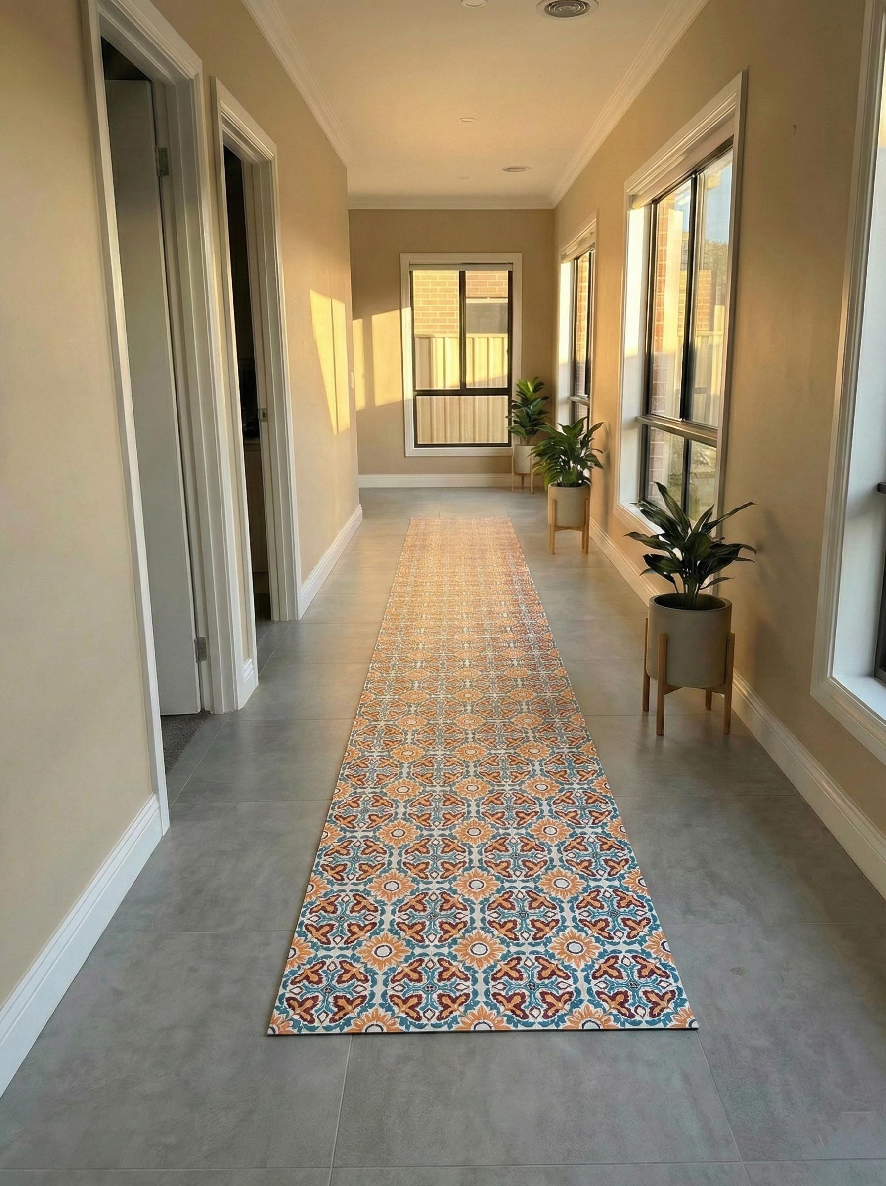 Mediterranean Tile Runner Vinly, Orange and Blue Hallway Runner, Boho Kitchen Mat, Entryway Rug