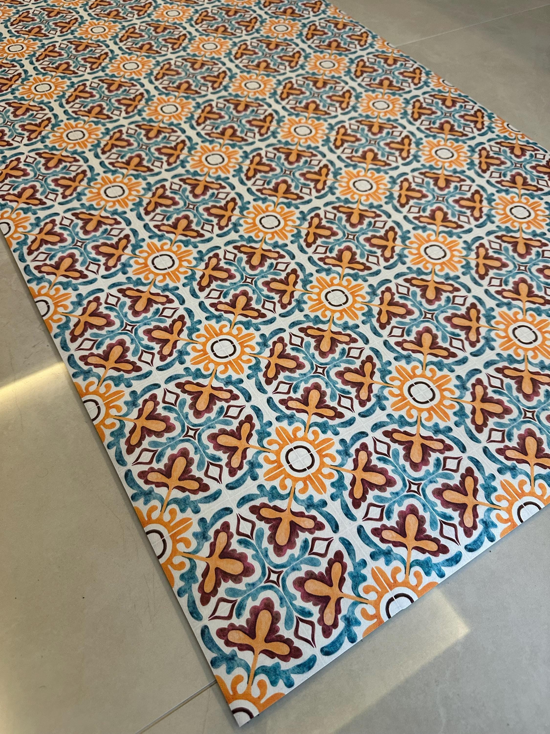 Mediterranean Tile Runner Vinly, Orange and Blue Hallway Runner, Boho Kitchen Mat, Entryway Rug