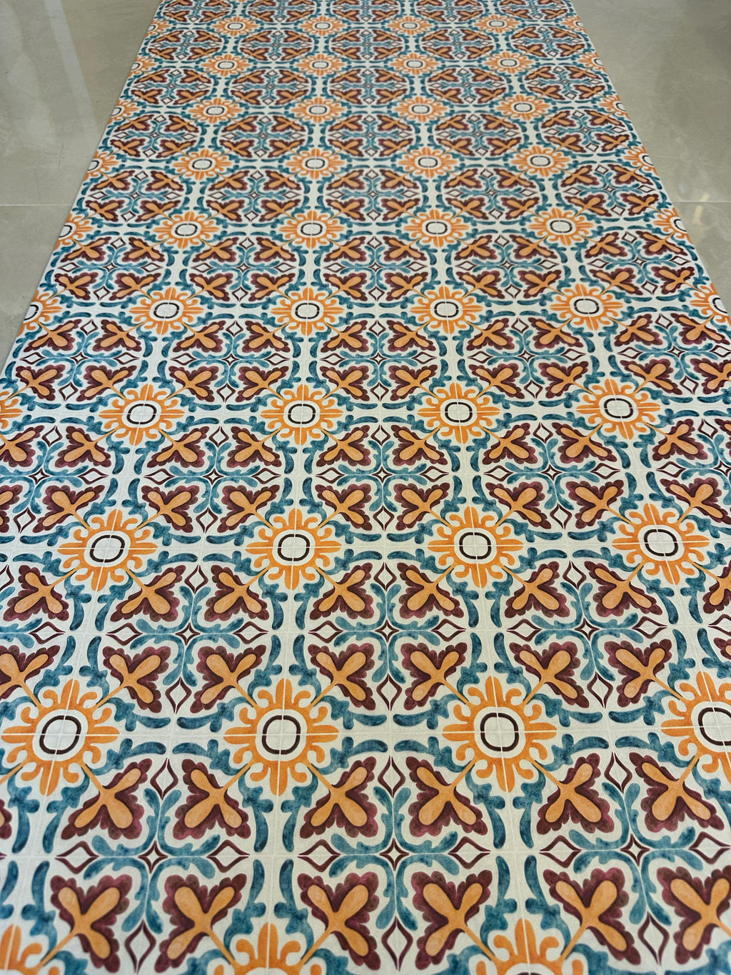 Mediterranean Tile Runner Vinly, Orange and Blue Hallway Runner, Boho Kitchen Mat, Entryway Rug