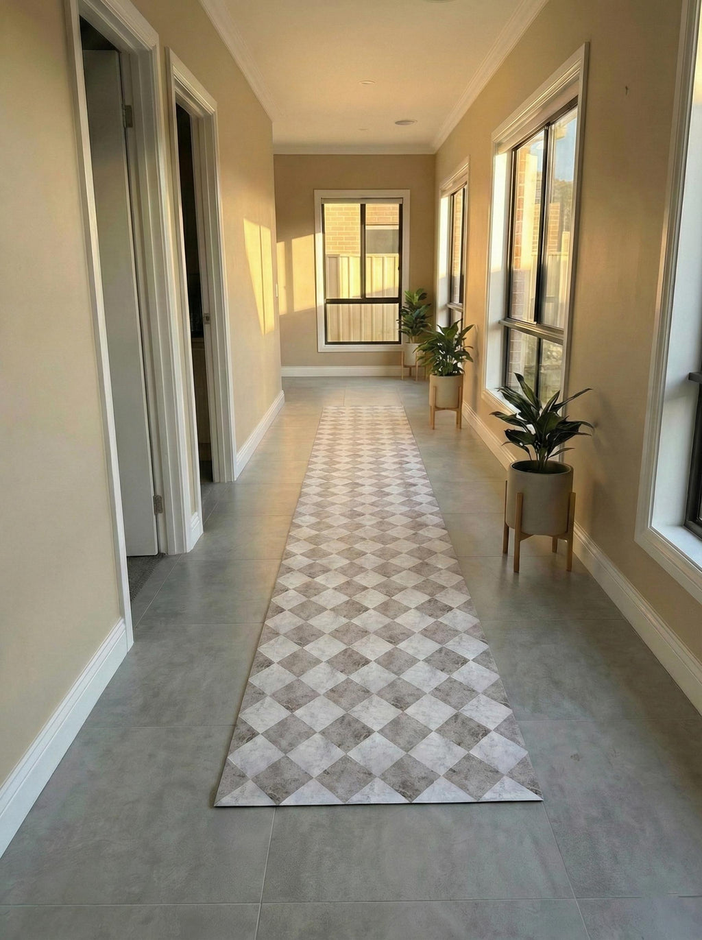 Cream Checkered Floor Mat, Easy Clean Marble Kitchen Vinly Runner