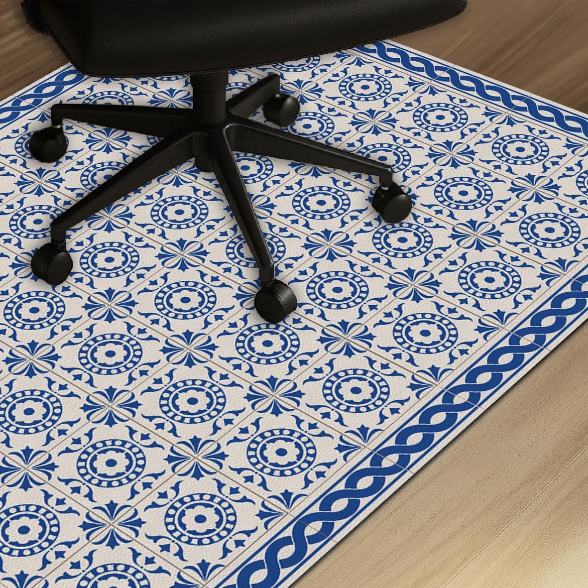 Wipeable office chair mat floor protector with blue tile design