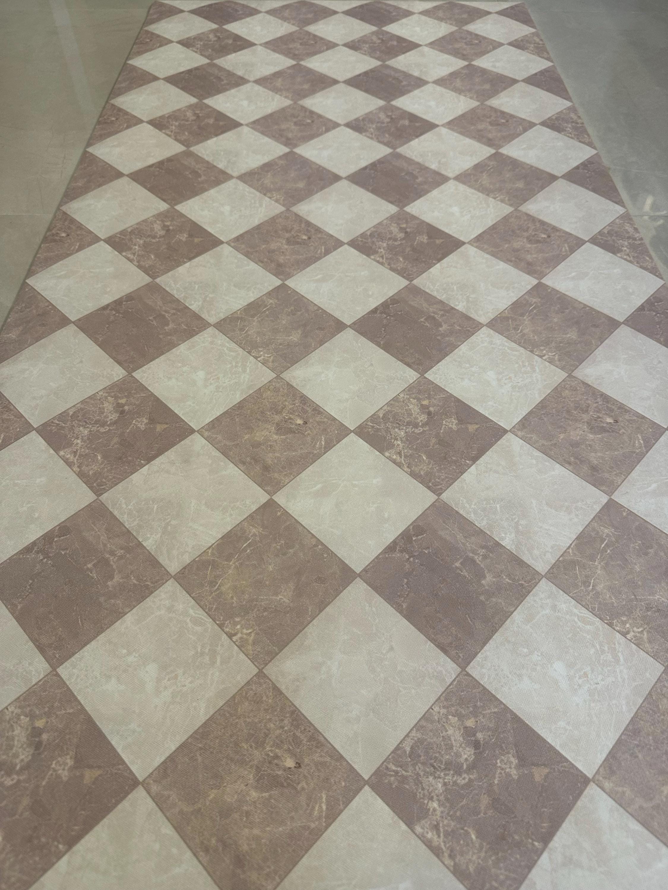 Cream Checkered Floor Mat, Easy Clean Marble Kitchen Vinly Runner