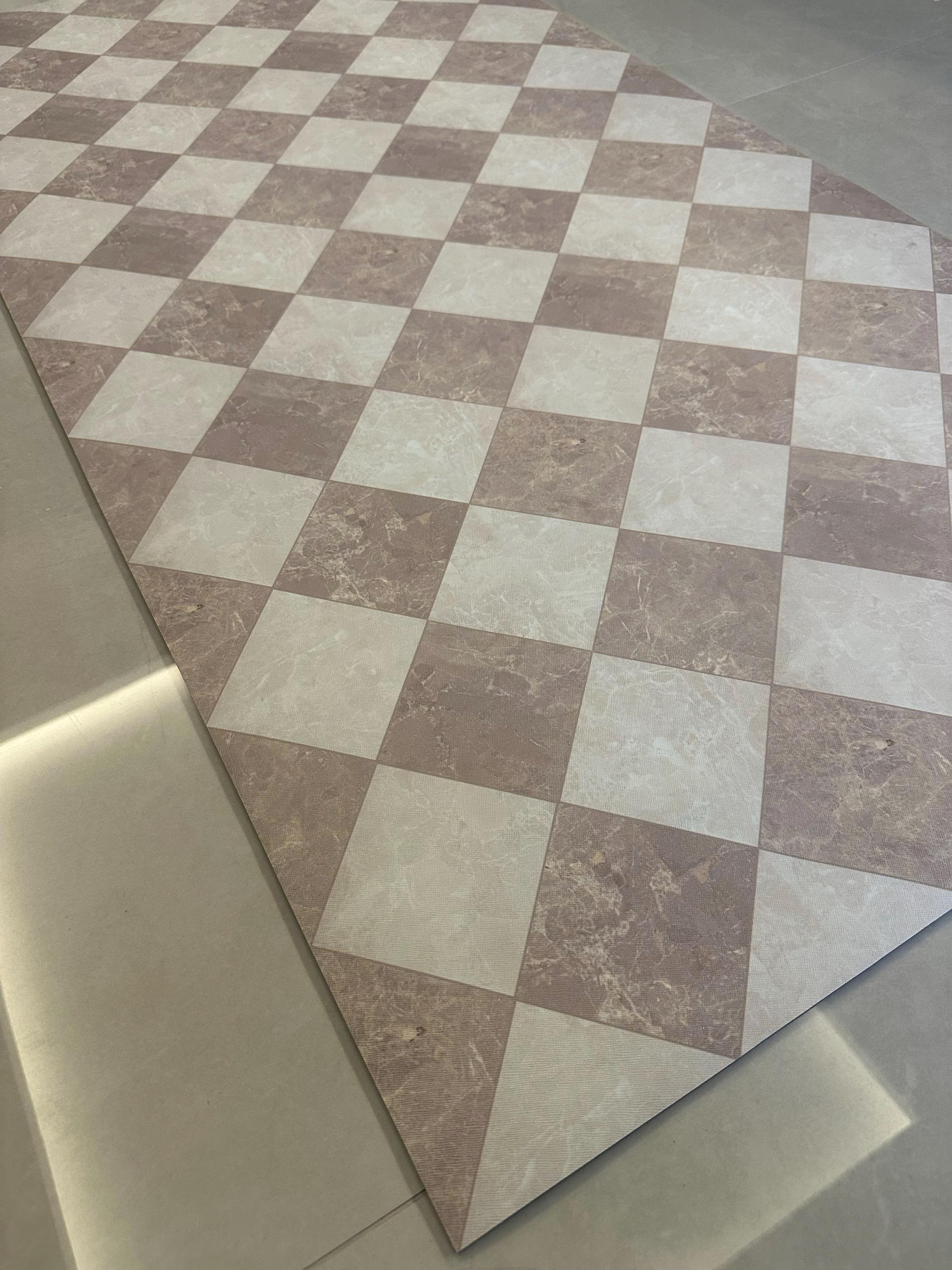 Cream Checkered Floor Mat, Easy Clean Marble Kitchen Vinly Runner