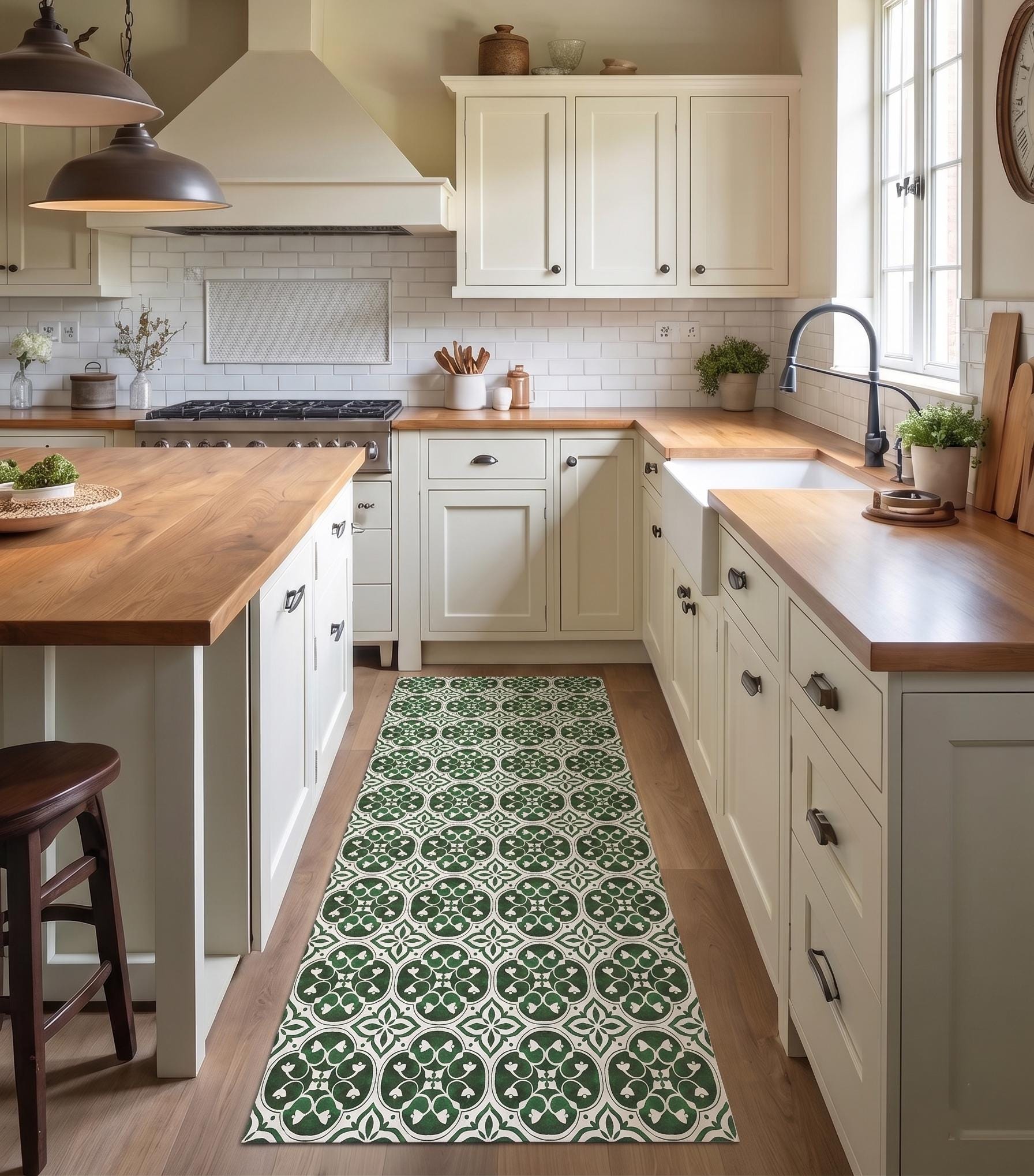 Green Tile Runner, Vintage Kitchen Mat, Floor Decor, Non-Slip Vinyl Runner, Hallway Rug