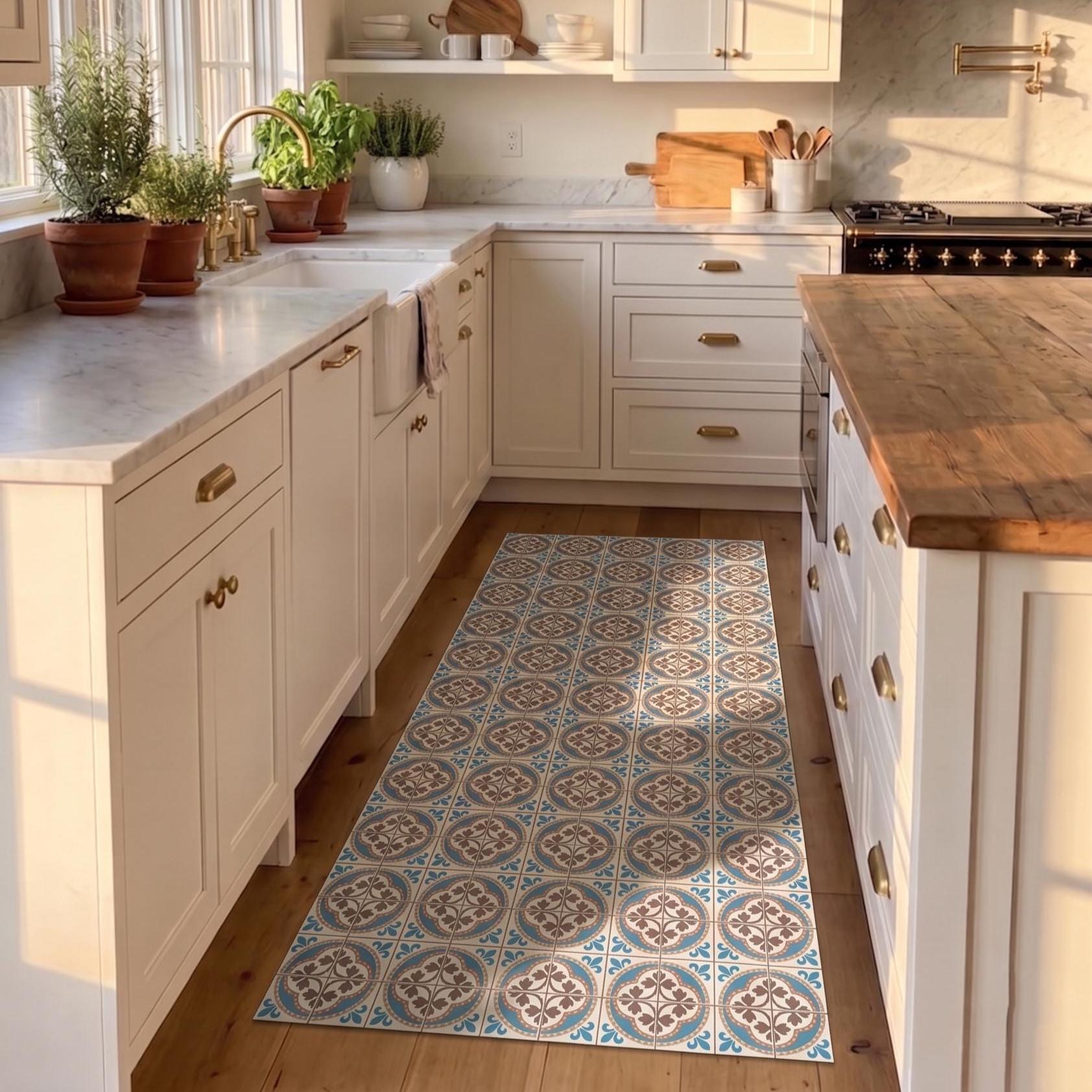 Blue Tile Mat, Kitchen Floor Protector, Wipeable Floor Rug, Non Slip Hallway vinly