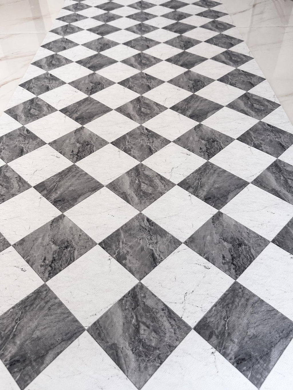Gray White Checkered Marble Vinyl Kitchen Runner Non-Slip Wipeable Floor Mat Rug