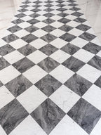 Gray White Checkered Marble Vinyl Kitchen Runner Non-Slip Wipeable Floor Mat Rug